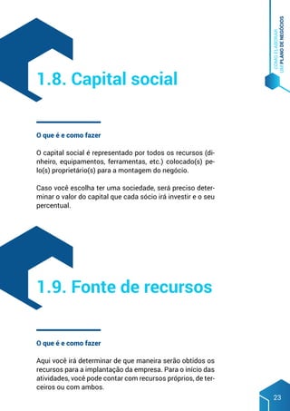 COMO
ELABORAR
UM
PLANO
DE
NEGÓCIOS
23
O que é e como fazer
O capital social é representado por todos os recursos (di-
nheiro, equipamentos, ferramentas, etc.) colocado(s) pe-
lo(s) proprietário(s) para a montagem do negócio.
Caso você escolha ter uma sociedade, será preciso deter-
minar o valor do capital que cada sócio irá investir e o seu
percentual.
1.8. Capital social
O que é e como fazer
Aqui você irá determinar de que maneira serão obtidos os
recursos para a implantação da empresa. Para o início das
atividades, você pode contar com recursos próprios, de ter-
ceiros ou com ambos.
1.9. Fonte de recursos
 
