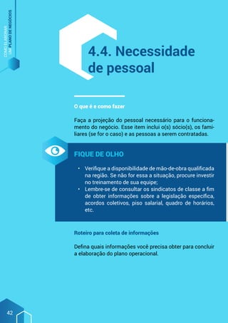 COMO
ELABORAR
UM
PLANO
DE
NEGÓCIOS
42
4.4. Necessidade
de pessoal
O que é e como fazer
Faça a projeção do pessoal necessário para o funciona-
mento do negócio. Esse item inclui o(s) sócio(s), os fami-
liares (se for o caso) e as pessoas a serem contratadas.
Fique de olho
•	 Verifique a disponibilidade de mão-de-obra qualificada
na região. Se não for essa a situação, procure investir
no treinamento de sua equipe;
•	 Lembre-se de consultar os sindicatos de classe a fim
de obter informações sobre a legislação específica,
acordos coletivos, piso salarial, quadro de horários,
etc.
Roteiro para coleta de informações
Defina quais informações você precisa obter para concluir
a elaboração do plano operacional.
 