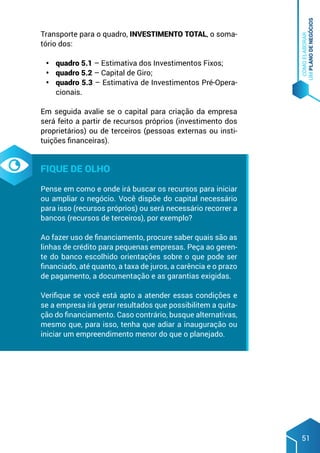 COMO
ELABORAR
UM
PLANO
DE
NEGÓCIOS
51
Transporte para o quadro, INVESTIMENTO TOTAL, o soma-
tório dos:
•	 quadro 5.1 – Estimativa dos Investimentos Fixos;
•	 quadro 5.2 – Capital de Giro;
•	 quadro 5.3 – Estimativa de Investimentos Pré-Opera-
cionais.
Em seguida avalie se o capital para criação da empresa
será feito a partir de recursos próprios (investimento dos
proprietários) ou de terceiros (pessoas externas ou insti-
tuições financeiras).
Fique de olho
Pense em como e onde irá buscar os recursos para iniciar
ou ampliar o negócio. Você dispõe do capital necessário
para isso (recursos próprios) ou será necessário recorrer a
bancos (recursos de terceiros), por exemplo?
Ao fazer uso de financiamento, procure saber quais são as
linhas de crédito para pequenas empresas. Peça ao geren-
te do banco escolhido orientações sobre o que pode ser
financiado, até quanto, a taxa de juros, a carência e o prazo
de pagamento, a documentação e as garantias exigidas.
Verifique se você está apto a atender essas condições e
se a empresa irá gerar resultados que possibilitem a quita-
ção do financiamento. Caso contrário, busque alternativas,
mesmo que, para isso, tenha que adiar a inauguração ou
iniciar um empreendimento menor do que o planejado.
 
