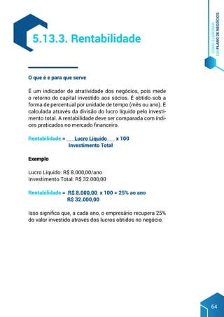 COMO
ELABORAR
UM
PLANO
DE
NEGÓCIOS
64
O que é e para que serve
É um indicador de atratividade dos negócios, pois mede
o retorno do capital investido aos sócios. É obtido sob a
forma de percentual por unidade de tempo (mês ou ano). É
calculada através da divisão do lucro líquido pelo investi-
mento total. A rentabilidade deve ser comparada com índi-
ces praticados no mercado financeiro.
Rentabilidade = Lucro Líquido x 100
		 Investimento Total
Exemplo
Lucro Líquido: R$ 8.000,00/ano
Investimento Total: R$ 32.000,00
Rentabilidade = R$ 8.000,00 x 100 = 25% ao ano
		 R$ 32.000,00
Isso significa que, a cada ano, o empresário recupera 25%
do valor investido através dos lucros obtidos no negócio.
5.13.3. Rentabilidade
 