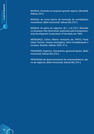 COMO
ELABORAR
UM
PLANO
DE
NEGÓCIOS
76
MANUAL iniciando um pequeno grande negócio. [Brasília]:
Sebrae, [19--].
MANUAL do curso básico de formação de contabilistas
consultores. [Belo Horizonte]: Sebrae MG, [19--].
MANUAL do plano de negócios. [S.l.: s.n], [19--]. Baseado
no Business Plan Work Book, publicado pela Entrepreneur-
ship Development Corporation of Honolulu em 1984.
MENDONÇA, Carlos Alberto Veríssimo de; PINTO, Paulo
César Ferreira. Gestão estratégica: Série Contabilizando o
sucesso. Brasília. Sebrae, 2003. 47 p.
PEQUENOS negócios: treinamento gerencial básico. [Belo
Horizonte]: Sebrae MG, [19--].
PROGRAMA de desenvolvimento de empreendedores: pla-
no de negócios. [Belo Horizonte]: Sebrae MG, [19--].
 