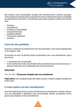 15
dos clientes, suas necessidades, desejos (de reconhecimento, conforto, prestígio,
exclusividade,personalização)eexpectativasépontoindispensávelparaaqualidade
do atendimento. Direcionar o atendimento para estes aspectos implica em atender
com:
• Presteza
• Competência
• Confiança e honestidade
• Comprometimento
• Confidencialidade
• Tratamento respeitoso
• Iniciativa
Custo da não qualidade
Quando os aspectos do atendimento não são praticados, você estará prejudicando
o seu negócio. Veja:
Se durante um mês 10 clientes saíram insatisfeitos com o seu atendimento, veja o
que ocorre:
• 1 avisará que foi mal atendido.
• 9 não vão lhe dizer nada, mas 8 deles farão comentários para mais 9 pessoas e 1
dessas 9 falará da sua insatisfação para mais 20 pessoas.
RESULTADO
10 + 72 + 20 = 102 pessoas atingidas pelo mau atendimento.
Fique atento: com a popularização das redes sociais, o impacto negativo poderá ser
ainda maior.
E como realizar um bom atendimento?
Uma forma básica de iniciar um bom atendimento é cumprimentar o cliente, colocar-
se à sua disposição e identificar suas necessidades. Abaixo, acompanhe outros
passos para realizar um bom atendimento.
 