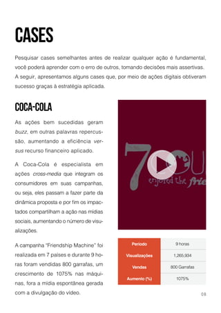 cases
coca-cola
Pesquisar cases semelhantes antes de realizar qualquer ação é fundamental,
você poderá aprender com o erro de outros, tomando decisões mais assertivas. 
A seguir, apresentamos alguns cases que, por meio de ações digitais obtiveram
sucesso graças à estratégia aplicada.
As ações bem sucedidas geram
buzz, em outras palavras repercus-
são, aumentando a eficiência ver-
sus recurso financeiro aplicado. 
A Coca-Cola é especialista em
ações cross-media que integram os
consumidores em suas campanhas,
ou seja, eles passam a fazer parte da
dinâmica proposta e por fim os impac-
tados compartilham a ação nas mídias
sociais, aumentando o número de visu-
alizações.
A campanha “Friendship Machine” foi
realizada em 7 países e durante 9 ho-
ras foram vendidas 800 garrafas, um
crescimento de 1075% nas máqui-
nas, fora a mídia espontânea gerada
com a divulgação do vídeo. 08
9 horas
1,265,934
800 Garrafas
1075%
Período
Visualizações
Vendas
Aumento (%)
 