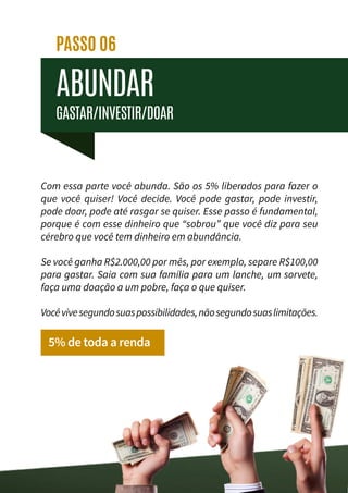 ABUNDAR
GASTAR/INVESTIR/DOAR
PASSO 06
Com essa parte você abunda. São os 5% liberados para fazer o
que você quiser! Você decide. Você pode gastar, pode investir,
pode doar, pode até rasgar se quiser. Esse passo é fundamental,
porque é com esse dinheiro que “sobrou” que você diz para seu
cérebro que você tem dinheiro em abundância.
Se você ganha R$2.000,00 por mês, por exemplo, separe R$100,00
para gastar. Saia com sua família para um lanche, um sorvete,
faça uma doação a um pobre, faça o que quiser.
Vocêvivesegundosuaspossibilidades,nãosegundosuaslimitações.
5% de toda a renda
 