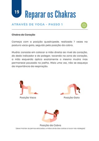 Chakra do Coração
Começa com a posição quadrúpede, realizada 7 vezes na
postura vaca-gato, seguido pela posição da cobra.
Mudra: consiste em colocar a mão direita ao nível do coração,
do dedo indicador e do polegar, tocando na zona do coração,
a mão esquerda aplica exatamente o mesmo mudra mas
permanece pousada no joelho. Mais uma vez, não se esqueça
da importância da respiração.
Reparar os Chakras
ATRAVÉS DE YOGA - PASSO 1
19
Posição da Cobra
(deve manter as pernas esticadas, e mãos atrás das costas a tocar nas nádegas)
Posição Vaca Posição Gato
 