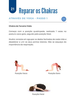 Chakra da Terceira Visão
Começa com a posição quadrúpede, realizada 7 vezes na
postura vaca-gato, seguido pela posição fetal.
Mudra: consiste em agrupar os dedos fechados de cada mão e
desdobrar e unir os seus pontos laterais. Não se esqueça da
importância da respiração.
Reparar os Chakras
ATRAVÉS DE YOGA - PASSO 1
21
Posição Vaca Posição Gato
Posição Fetal
 
