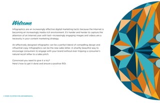 7 STEPS TO EFFECTIVE INFOGRPAHICS.
Infographics are an increasingly effective digital marketing tactic because the Internet is
becoming an increasingly media rich environment. It’s harder and harder to capture the
attention of an Internet user with text--increasingly engaging images and videos are a
necessity in your content marketing strategy.
An effectively designed infographic can be a perfect blend of compelling design and
influential copy. Infographics can be the new sales letter. A smartly beautiful way to
encourage consumers to engage with your brand without ever tripping a consumer’s
natural recoil reflex to a sales pitch.
Convinced you need to give it a try?
Here’s how to get it done and ensure a positive ROI.
Welcome
 