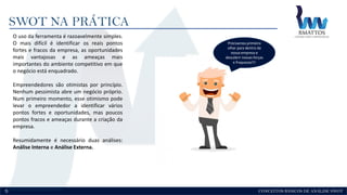 CONCEITOS BÁSICOS DE ANÁLISE SWOT
SWOT NA PRÁTICA
5
O uso da ferramenta é razoavelmente simples.
O mais difícil é identificar os reais pontos
fortes e fracos da empresa, as oportunidades
mais vantajosas e as ameaças mais
importantes do ambiente competitivo em que
o negócio está enquadrado.
Empreendedores são otimistas por princípio.
Nenhum pessimista abre um negócio próprio.
Num primeiro momento, esse otimismo pode
levar o empreendedor a identificar vários
pontos fortes e oportunidades, mas poucos
pontos fracos e ameaças durante a criação da
empresa.
Resumidamente é necessário duas análises:
Análise Interna e Análise Externa.
Precisamos primeiro
olhar para dentro da
nossa empresa e
descobrir nossas forças
e fraquezas!!!
 