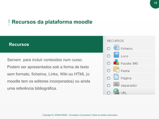 Copyright © | ZONAVERDE - Formação e Consultoria | Todos os direitos reservados.
Texto em destaque
Servem para incluir conteúdos num curso.
Podem ser apresentados sob a forma de texto
sem formato, ficheiros, Links, Wiki ou HTML (o
moodle tem os editores incorporados) ou ainda
uma referência bibliográfica.
Recursos
Recursos da plataforma moodle
11
 