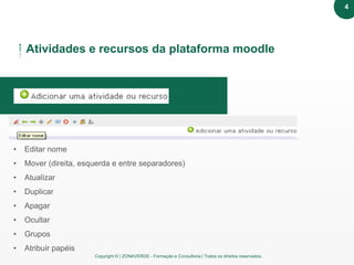 Copyright © | ZONAVERDE - Formação e Consultoria | Todos os direitos reservados.
Texto em destaque
Atividades e recursos da plataforma moodle
• Editar nome
• Mover (direita, esquerda e entre separadores)
• Atualizar
• Duplicar
• Apagar
• Ocultar
• Grupos
• Atribuir papéis
4
 