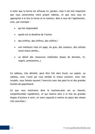 © www.guilhembertholet.com63
A noter que la forme est affreuse ici, pardon, mais il est très important
que vous construisiez votre propre tableau, et que vous vous en
appropriez à la fois la forme et le contenu. Mais à vous de l’agrémenter,
avec, par exemple :
• qui est responsable
• quelle est la deadline de l’action
• des chiffres, des chiffres, des chiffres !
• une meilleure mise en page, du gras, des couleurs, des cellules
excel mieux aérées…
• un détail des ressources mobilisées (bases de données, rh,
argent, prestataires…)
Ce tableau, très détaillé, peut être fait dans Excel, sur papier, au
tableau, avec l’outil qui vous semble le mieux convenir. Avec mes
incubés, nous faisons souvent l’exercice avec des post-its et des grandes
feuilles de paperboard.
Ce que vous montrerez dans le business-plan est un résumé,
compréhensible rapidement, et qui montre bien à la fois les grandes
étapes d’actions à venir, et votre capacité à mettre en place des choses
très concrètes !
 