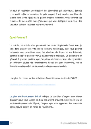© www.guilhembertholet.com67
les leur en racontant une histoire, qui commence par le produit / service
: ce qu’il coûte à produire, le prix auquel il est vendu, combien de
clients vous avez, quel est le panier moyen, comment vous trouvez vos
clients… Je me répète mais j’ai envie que vous intégriez bien cela : les
tableaux doivent raconter votre entreprise !
Quel format ?
Le but de cet article n’est pas de décrire toute l’ingénierie financière, je
vais donc passer très vite sur le contenu technique, que vous pouvez
retrouver sans problème dans des dizaines de livres et sur Internet,
comme d’hab’ le site de l’APCE est souvent le meilleur. On dénombre en
général 5 grandes parties, que j’explique ci-dessous. Vous allez y mettre
en musique toutes les informations issues du plan marketing, de la
description du produit ou du service, du plan commercial…
Lire plus de choses sur les prévisions financières sur le site de l’APCE :
http://www.apce.com/pid220/4-les-previsions-financieres.html
Le plan de financement initial indique de combien d’argent vous devez
disposer pour vous lancer et d’où cet argent provient. Entrent en jeu ici
les investissements de départ, l’argent que vous apportez, les emprunts
bancaires, le besoin en fonds de roulement…
 