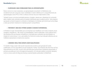 CompartilheO ciclo do cliente satisfeito: da geração do Lead a indicações de novas vendas 10
»» SLIDESHARE: MAIS VISIBILIDADE PARA AS APRESENTAÇÕES
Muito comuns no meio corporativo, as apresentações encontram no Slideshare uma
excelente forma de conquistar maior visibilidade. A rede é referência em compartilhamento de
apresentações como PPTs e PDFs e oferece diversos recursos relacionados à elas.
Também possui uma boa autoridade perante o Google e, desde que o Slideshare foi comprado
pelo LinkedIn, todo conteúdo pode ser também distribuído para a audiência de lá. Outro aspecto
que ajuda na disseminação do conteúdo é a facilidade em embedar, permitindo que outros blogs
e sites que tenham interesse no material possam compartilhá-lo.
»» PINTEREST: UMA BOA VITRINE QUANDO O DESIGN É DIFERENCIAL
O Pinterest é super recomendado para as empresas que trabalham com muito conteúdo visual
(imagens, infográficos). São várias as possibilidades a serem exploradas, como publicar fotos
dos produtos da sua empresa, infográficos e chamada para conteúdos que são exibidos na
íntegra em outros locais. E, se o seu público for feminino é ainda mais indicado utilizá-la, pois as
mulheres representam a maioria dos usuários.
»» LINKEDIN: IDEAL PARA GERAR LEADS QUALIFICADOS
O LinkedIn é hoje a maior rede social corporativa do mundo e, para geração de Leads
qualificados, é 277% mais efetivo do que Facebook e Twitter. Sua empresa não deve ficar de fora,
especialmente se for B2B, já que é uma rede feita para profissionais e bastante segmentada. A
primeira providência é criar uma página empresarial. Lá é indicado publicar conteúdo relevante,
como os novos posts do blog da empresa e apresentações publicadas no SlideShare.
 