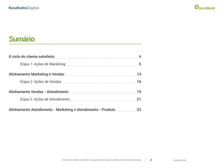 CompartilheO ciclo do cliente satisfeito: da geração do Lead a indicações de novas vendas 3
Sumário
O ciclo do cliente satisfeito 	 4
	 Etapa 1: Ações de Marketing 	 5
Alinhamento Marketing e Vendas 	 13
	 Etapa 2: Ações de Vendas 	 16
Alinhamento Vendas - Atendimento 	 19
	 Etapa 3: Ações de Atendimento 	 21
Alinhamento Atendimento - Marketing e Atendimento - Produto 	 23
 
