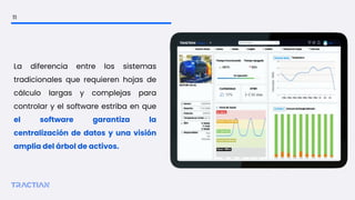 La diferencia entre los sistemas
tradicionales que requieren hojas de
cálculo largas y complejas para
controlar y el software estriba en que
el software garantiza la
centralización de datos y una visión
amplia del árbol de activos.
11
 
