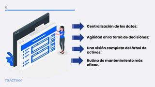 Centralización de los datos;
Agilidad en la toma de decisiones;
Rutina de mantenimiento más
eficaz.
Una visión completa del árbol de
activos;
12
 