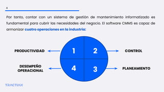 Por tanto, contar con un sistema de gestión de mantenimiento informatizado es
fundamental para cubrir las necesidades del negocio. El software CMMS es capaz de
armonizar cuatro operaciones en la industria:
4
PLANEAMIENTO
CONTROL
DESEMPEÑO
OPERACIONAL
PRODUCTIVIDAD 1 2
3
4
 