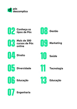 02
03
04
05
06
o7
Conheça os
tipos de Pós
Direito
Educação
13 Educação
Diversidade
10 Saúde
11 Tecnologia
Mais de 300
cursos de Pós
online
Engenharia
08
09 Marketing
Gestão
 
