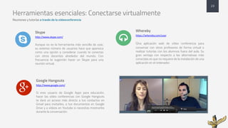 Herramientas esenciales: Conectarse virtualmente
Reuniones y tutorías a través de la videoconferencia
Whereby
https://whereby.com/user
Una aplicación web de vídeo conferencia para
conversar con otros profesores de forma virtual o
realizar tutorías con los alumnos fuera del aula. Su
gran ventaja con respecto a las alternativas más
conocidas es que no requiere de la instalación de una
aplicación en el ordenador.
Google Hangouts
http://www.google.com/
Si eres usuario de Google Apps para educación,
hacer las vídeo conferencias con Google Hangouts
te dará un acceso más directo a tus contactos en
Gmail para invitarles, a tus documentos en Google
Drive y a vídeos en Youtube si necesitas mostrarlos
durante la conversación.
Skype
http://www.skype.com/
Aunque no es la herramienta más sencilla de usar,
su extenso número de usuarios hace que aparezca
como una opción a considerar cuando te conectas
con otros docentes alrededor del mundo. Con
frecuencia te sugerirán hacer un Skype para una
reunión virtual.
23
'
( )
 