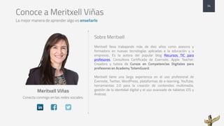 Conoce a Meritxell Viñas
La mejor manera de aprender algo es enseñarlo
Sobre Meritxell
Meritxell lleva trabajando más de diez años como asesora y
formadora en nuevas tecnologías aplicadas a la educación y a
empresas. Es la autora del popular blog Recursos TIC para
profesores, Consultora Certificada de Evernote. Apple Teacher.
Creadora y tutora de Cursos en Competencias Digitales para
profesores en Academy TotemGuard.
Meritxell tiene una larga experiencia en el uso profesional de
Evernote, Twitter, WordPress, plataformas de e-learning, YouTube,
herramientas 2.0 para la creación de contenidos multimedia,
gestión de la identidad digital y el uso avanzado de tabletas iOS y
Android.
Meritxell Viñas
Conecta conmigo en las redes sociales:
34
0 1
 