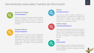 Herramientas esenciales: Fuentes de información
Buscador de Google
https://www.google.es/
Gracias a técnicas de búsqueda avanzada, Google te
ofrece la posibilidad de filtrar los resultados de
búsqueda rápidamente y acceder a recursos
educativos online, más allá de la primera página de
resultados.
Google Académico
https://scholar.google.es/
Google Académico permite buscar bibliografía
especializada en un gran número de disciplinas y
fuentes como, por ejemplo, estudios revisados por
especialistas, tesis, libros, resúmenes y artículos de
fuentes como editoriales académicas, sociedades
profesionales, universidades y otras organizaciones
académicas.
Dialnet
http://dialnet.unirioja.es/
Un portal de difusión científica especializado en
ciencias humanas y sociales que fue creado por la
Universidad de La Rioja. Todo su catálogo es de
acceso libre, e incluye revistas, libros, tesis
doctorales y otro tipo de documentos.
Wolfram Alpha
http://www.wolframalpha.com
Un buscador de respuestas con una enorme base de
datos. Funciona de manera diferente a Google en
cuanto a que no proporciona una lista de páginas
web que contienen la información que necesitas,
sino que te responde a la pregunta de forma
concreta.
ERIC
http://eric.ed.gov/
Una de las mayores base de datos online educativas,
con un catálogo de más de un millón de referencias y
más de 100.000 documentos completos accesibles
de forma gratuita
6
 