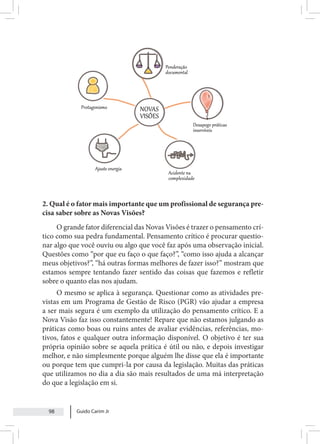Guido Carim Jr
98
2. Qual é o fator mais importante que um profissional de segurança pre-
cisa saber sobre as Novas Visões?
O grande fator diferencial das Novas Visões é trazer o pensamento crí-
tico como sua pedra fundamental. Pensamento crítico é procurar questio-
nar algo que você ouviu ou algo que você faz após uma observação inicial.
Questões como “por que eu faço o que faço?”, “como isso ajuda a alcançar
meus objetivos?”, “há outras formas melhores de fazer isso?” mostram que
estamos sempre tentando fazer sentido das coisas que fazemos e refletir
sobre o quanto elas nos ajudam.
O mesmo se aplica à segurança. Questionar como as atividades pre-
vistas em um Programa de Gestão de Risco (PGR) vão ajudar a empresa
a ser mais segura é um exemplo da utilização do pensamento crítico. E a
Nova Visão faz isso constantemente! Repare que não estamos julgando as
práticas como boas ou ruins antes de avaliar evidências, referências, mo-
tivos, fatos e qualquer outra informação disponível. O objetivo é ter sua
própria opinião sobre se aquela prática é útil ou não, e depois investigar
melhor, e não simplesmente porque alguém lhe disse que ela é importante
ou porque tem que cumpri-la por causa da legislação. Muitas das práticas
que utilizamos no dia a dia são mais resultados de uma má interpretação
do que a legislação em si.
 
