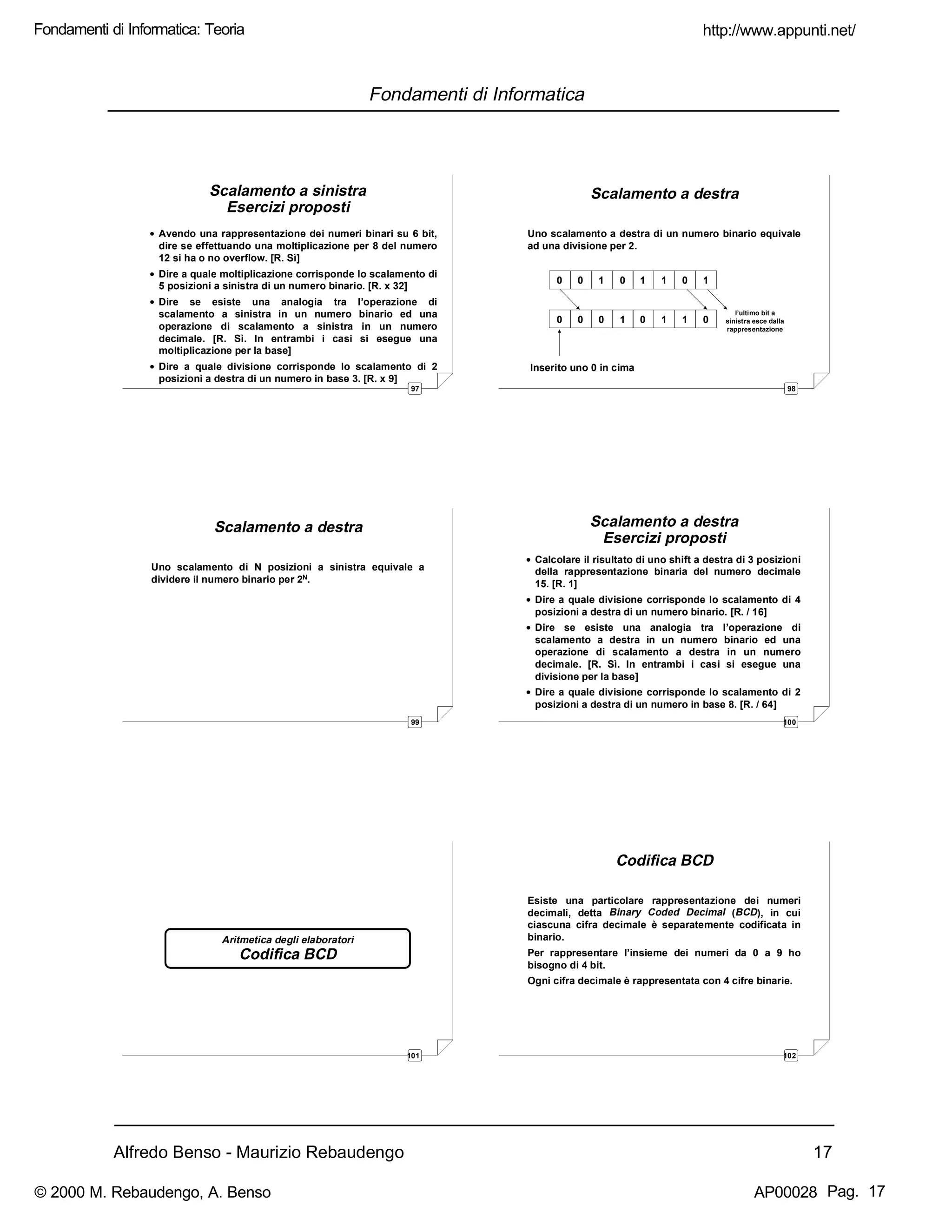 Alfredo Benso - Maurizio Rebaudengo 17
Fondamenti di Informatica
97
Scalamento a sinistra
Esercizi proposti
• Avendo una rappresentazione dei numeri binari su 6 bit,
dire se effettuando una moltiplicazione per 8 del numero
12 si ha o no overflow. [R. Sì]
• Dire a quale moltiplicazione corrisponde lo scalamento di
5 posizioni a sinistra di un numero binario. [R. x 32]
• Dire se esiste una analogia tra l’operazione di
scalamento a sinistra in un numero binario ed una
operazione di scalamento a sinistra in un numero
decimale. [R. Sì. In entrambi i casi si esegue una
moltiplicazione per la base]
• Dire a quale divisione corrisponde lo scalamento di 2
posizioni a destra di un numero in base 3. [R. x 9]
98
Scalamento a destra
Uno scalamento a destra di un numero binario equivale
ad una divisione per 2.
0 0 1 0 1 1 0 1
0 0 0 1 0 1 1 0
Inserito uno 0 in cima
l’ultimo bit a
sinistra esce dalla
rappresentazione
99
Scalamento a destra
Uno scalamento di N posizioni a sinistra equivale a
dividere il numero binario per 2N.
100
Scalamento a destra
Esercizi proposti
• Calcolare il risultato di uno shift a destra di 3 posizioni
della rappresentazione binaria del numero decimale
15. [R. 1]
• Dire a quale divisione corrisponde lo scalamento di 4
posizioni a destra di un numero binario. [R. / 16]
• Dire se esiste una analogia tra l’operazione di
scalamento a destra in un numero binario ed una
operazione di scalamento a destra in un numero
decimale. [R. Sì. In entrambi i casi si esegue una
divisione per la base]
• Dire a quale divisione corrisponde lo scalamento di 2
posizioni a destra di un numero in base 8. [R. / 64]
101
Aritmetica degli elaboratori
Codifica BCD
102
Codifica BCD
Esiste una particolare rappresentazione dei numeri
decimali, detta Binary Coded Decimal (BCD), in cui
ciascuna cifra decimale è separatemente codificata in
binario.
Per rappresentare l’insieme dei numeri da 0 a 9 ho
bisogno di 4 bit.
Ogni cifra decimale è rappresentata con 4 cifre binarie.
http://www.appunti.net/
© 2000 M. Rebaudengo, A. Benso AP00028
Fondamenti di Informatica: Teoria
Pag. 17
 