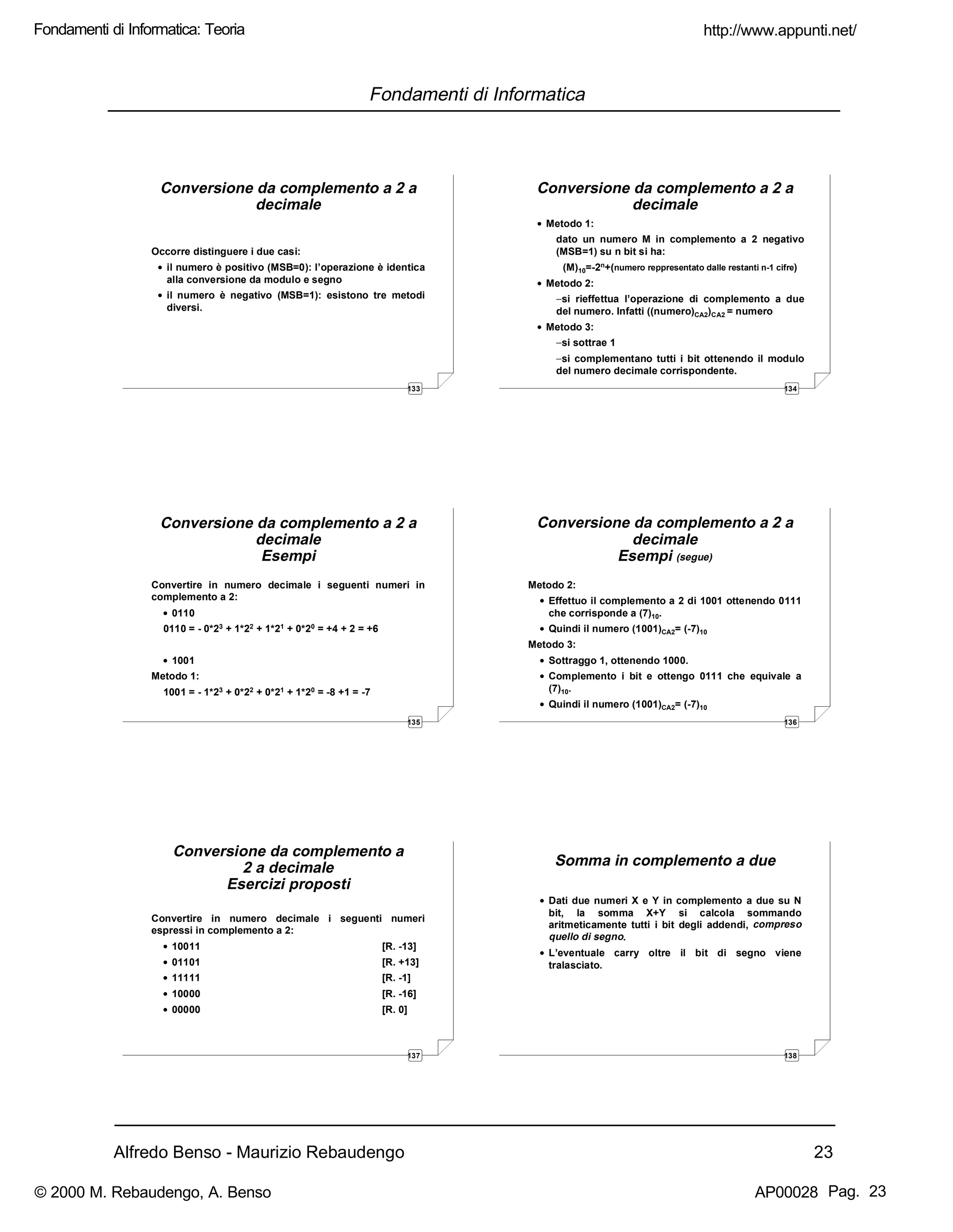 Alfredo Benso - Maurizio Rebaudengo 23
Fondamenti di Informatica
133
Conversione da complemento a 2 a
decimale
Occorre distinguere i due casi:
• il numero è positivo (MSB=0): l’operazione è identica
alla conversione da modulo e segno
• il numero è negativo (MSB=1): esistono tre metodi
diversi.
134
Conversione da complemento a 2 a
decimale
• Metodo 1:
dato un numero M in complemento a 2 negativo
(MSB=1) su n bit si ha:
(M)10=-2n+(numero reppresentato dalle restanti n-1 cifre)
• Metodo 2:
−si rieffettua l’operazione di complemento a due
del numero. Infatti ((numero)CA2)CA2 = numero
• Metodo 3:
−si sottrae 1
−si complementano tutti i bit ottenendo il modulo
del numero decimale corrispondente.
135
Conversione da complemento a 2 a
decimale
Esempi
Convertire in numero decimale i seguenti numeri in
complemento a 2:
• 0110
0110 = - 0*23 + 1*22 + 1*21 + 0*20 = +4 + 2 = +6
• 1001
Metodo 1:
1001 = - 1*23 + 0*22 + 0*21 + 1*20 = -8 +1 = -7
136
Conversione da complemento a 2 a
decimale
Esempi (segue)
Metodo 2:
• Effettuo il complemento a 2 di 1001 ottenendo 0111
che corrisponde a (7)10.
• Quindi il numero (1001)CA2= (-7)10
Metodo 3:
• Sottraggo 1, ottenendo 1000.
• Complemento i bit e ottengo 0111 che equivale a
(7)10.
• Quindi il numero (1001)CA2= (-7)10
137
Conversione da complemento a
2 a decimale
Esercizi proposti
Convertire in numero decimale i seguenti numeri
espressi in complemento a 2:
• 10011 [R. -13]
• 01101 [R. +13]
• 11111 [R. -1]
• 10000 [R. -16]
• 00000 [R. 0]
138
Somma in complemento a due
• Dati due numeri X e Y in complemento a due su N
bit, la somma X+Y si calcola sommando
aritmeticamente tutti i bit degli addendi, compreso
quello di segno.
• L’eventuale carry oltre il bit di segno viene
tralasciato.
http://www.appunti.net/
© 2000 M. Rebaudengo, A. Benso AP00028
Fondamenti di Informatica: Teoria
Pag. 23
 