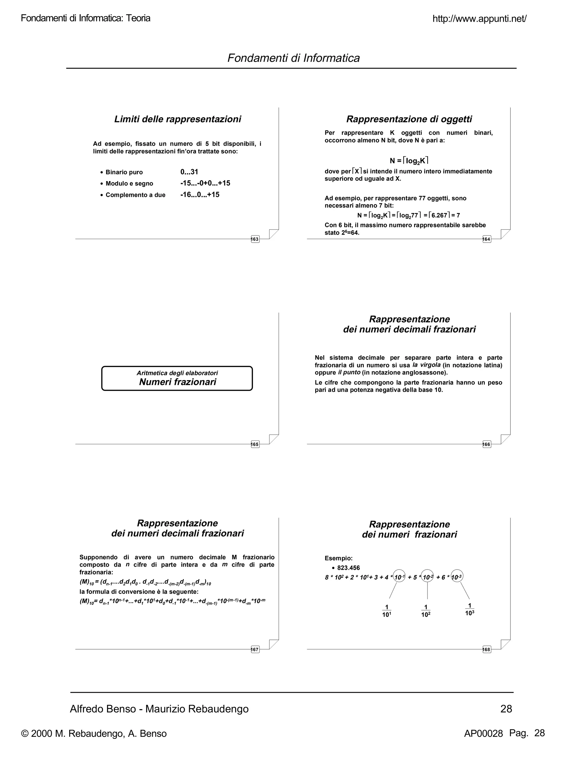 Alfredo Benso - Maurizio Rebaudengo 28
Fondamenti di Informatica
163
Limiti delle rappresentazioni
Ad esempio, fissato un numero di 5 bit disponibili, i
limiti delle rappresentazioni fin’ora trattate sono:
• Binario puro 0...31
• Modulo e segno -15...-0+0...+15
• Complemento a due -16...0...+15
164
Rappresentazione di oggetti
Per rappresentare K oggetti con numeri binari,
occorrono almeno N bit, dove N è pari a:
N = log2K
dove per X si intende il numero intero immediatamente
superiore od uguale ad X.
Ad esempio, per rappresentare 77 oggetti, sono
necessari almeno 7 bit:
N = log2K = log277 = 6.267 = 7
Con 6 bit, il massimo numero rappresentabile sarebbe
stato 26=64.
165
Aritmetica degli elaboratori
Numeri frazionari
166
Rappresentazione
dei numeri decimali frazionari
Nel sistema decimale per separare parte intera e parte
frazionaria di un numero si usa la virgola (in notazione latina)
oppure il punto (in notazione anglosassone).
Le cifre che compongono la parte frazionaria hanno un peso
pari ad una potenza negativa della base 10.
167
Rappresentazione
dei numeri decimali frazionari
Supponendo di avere un numero decimale M frazionario
composto da n cifre di parte intera e da m cifre di parte
frazionaria:
(M)10 = (dn-1....d2d1d0 . d-1d-2....d-(m-2)d-(m-1)d-m)10
la formula di conversione è la seguente:
(M)10= dn-1*10n-1+...+d1*101+d0+d-1*10-1+...+d-(m-1)*10-(m-1)+d-m*10-m
168
Esempio:
• 823.456
8 * 102 + 2 * 101+ 3 + 4 * 10-1 + 5 * 10-2 + 6 * 10-3
Rappresentazione
dei numeri frazionari
1
101
1
102
1
103
http://www.appunti.net/
© 2000 M. Rebaudengo, A. Benso AP00028
Fondamenti di Informatica: Teoria
Pag. 28
 