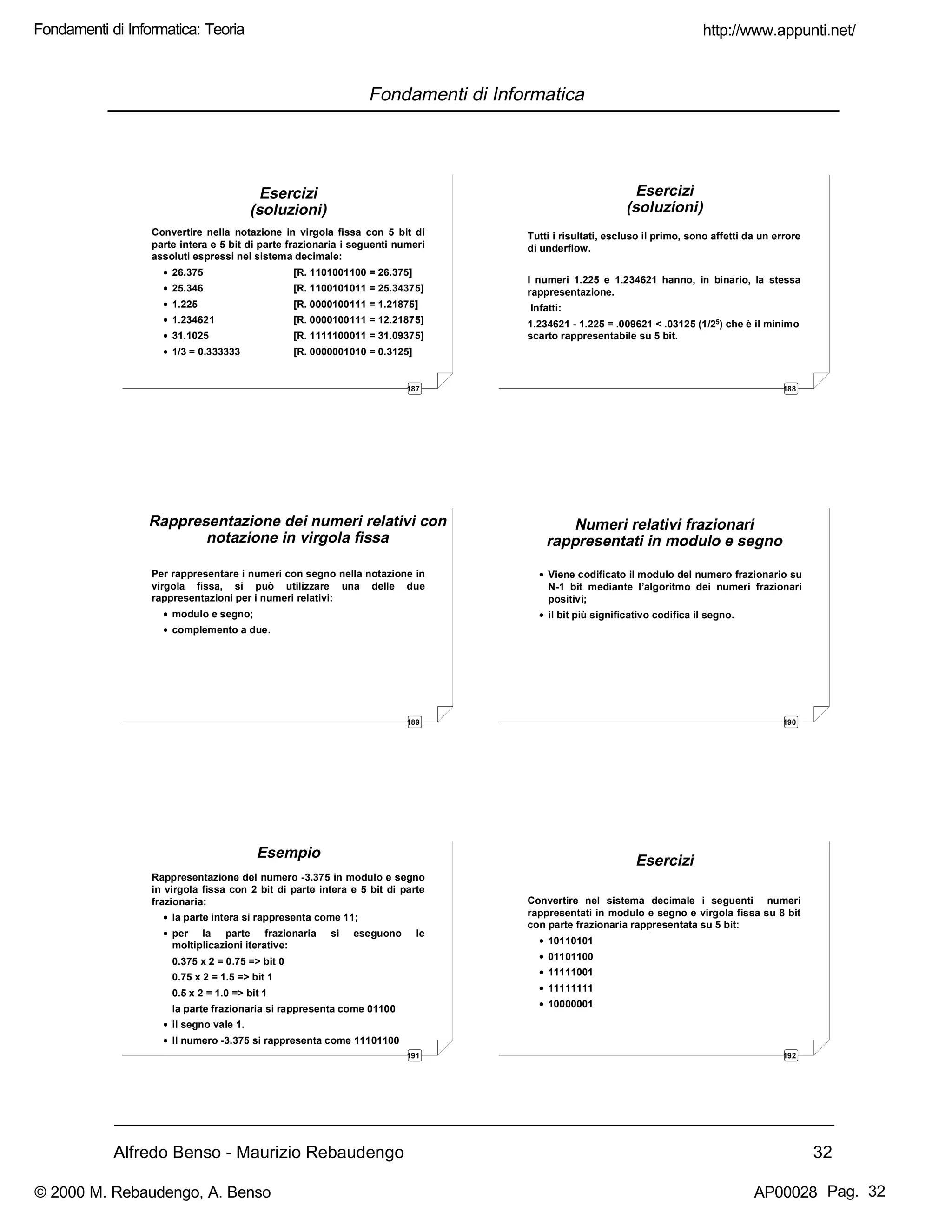 Alfredo Benso - Maurizio Rebaudengo 32
Fondamenti di Informatica
187
Esercizi
(soluzioni)
Convertire nella notazione in virgola fissa con 5 bit di
parte intera e 5 bit di parte frazionaria i seguenti numeri
assoluti espressi nel sistema decimale:
• 26.375 [R. 1101001100 = 26.375]
• 25.346 [R. 1100101011 = 25.34375]
• 1.225 [R. 0000100111 = 1.21875]
• 1.234621 [R. 0000100111 = 12.21875]
• 31.1025 [R. 1111100011 = 31.09375]
• 1/3 = 0.333333 [R. 0000001010 = 0.3125]
188
Esercizi
(soluzioni)
Tutti i risultati, escluso il primo, sono affetti da un errore
di underflow.
I numeri 1.225 e 1.234621 hanno, in binario, la stessa
rappresentazione.
Infatti:
1.234621 - 1.225 = .009621 < .03125 (1/25) che è il minimo
scarto rappresentabile su 5 bit.
189
Rappresentazione dei numeri relativi con
notazione in virgola fissa
Per rappresentare i numeri con segno nella notazione in
virgola fissa, si può utilizzare una delle due
rappresentazioni per i numeri relativi:
• modulo e segno;
• complemento a due.
190
Numeri relativi frazionari
rappresentati in modulo e segno
• Viene codificato il modulo del numero frazionario su
N-1 bit mediante l’algoritmo dei numeri frazionari
positivi;
• il bit più significativo codifica il segno.
191
Esempio
Rappresentazione del numero -3.375 in modulo e segno
in virgola fissa con 2 bit di parte intera e 5 bit di parte
frazionaria:
• la parte intera si rappresenta come 11;
• per la parte frazionaria si eseguono le
moltiplicazioni iterative:
0.375 x 2 = 0.75 => bit 0
0.75 x 2 = 1.5 => bit 1
0.5 x 2 = 1.0 => bit 1
la parte frazionaria si rappresenta come 01100
• il segno vale 1.
• Il numero -3.375 si rappresenta come 11101100
192
Esercizi
Convertire nel sistema decimale i seguenti numeri
rappresentati in modulo e segno e virgola fissa su 8 bit
con parte frazionaria rappresentata su 5 bit:
• 10110101
• 01101100
• 11111001
• 11111111
• 10000001
http://www.appunti.net/
© 2000 M. Rebaudengo, A. Benso AP00028
Fondamenti di Informatica: Teoria
Pag. 32
 