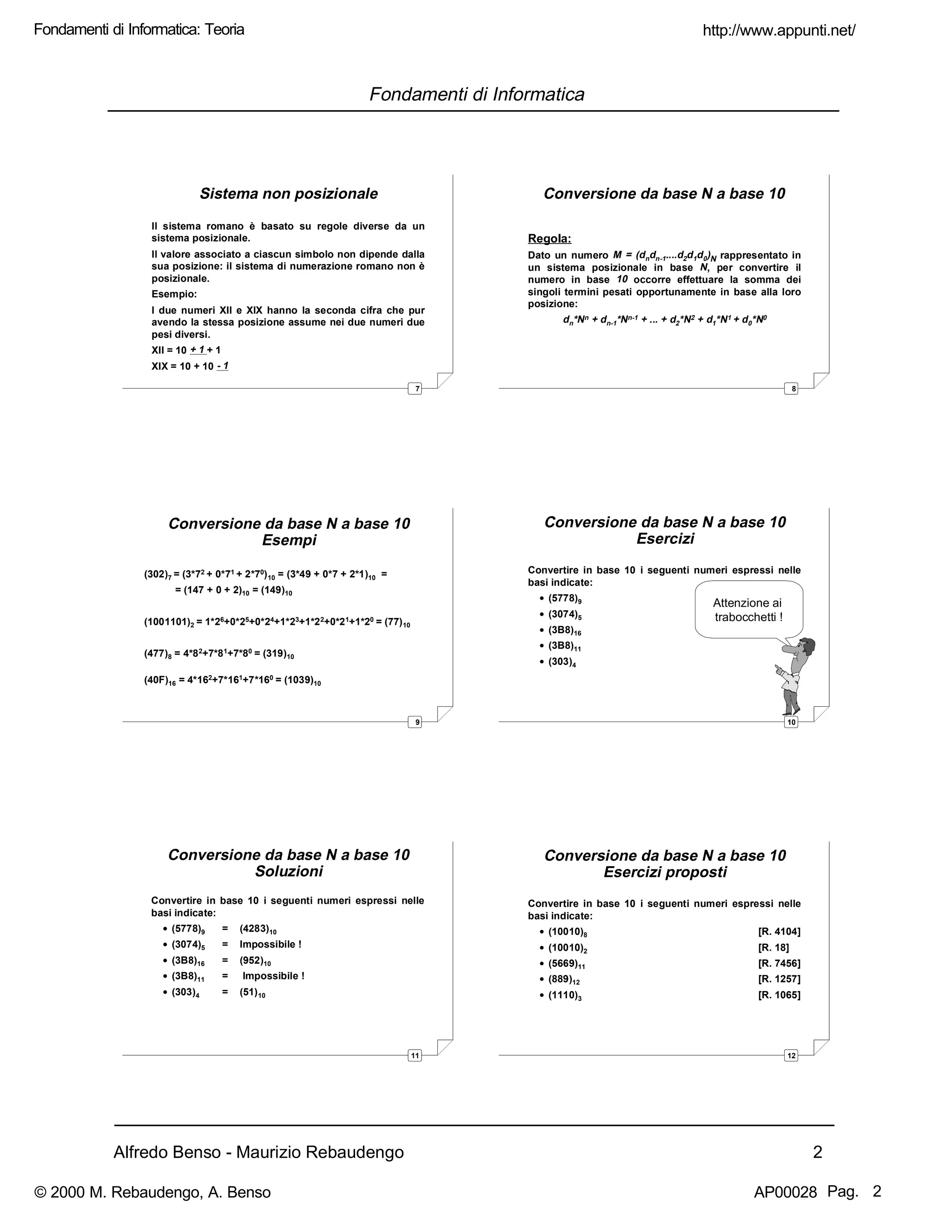 Alfredo Benso - Maurizio Rebaudengo 2
Fondamenti di Informatica
7
Sistema non posizionale
Il sistema romano è basato su regole diverse da un
sistema posizionale.
Il valore associato a ciascun simbolo non dipende dalla
sua posizione: il sistema di numerazione romano non è
posizionale.
Esempio:
I due numeri XII e XIX hanno la seconda cifra che pur
avendo la stessa posizione assume nei due numeri due
pesi diversi.
XII = 10 + 1 + 1
XIX = 10 + 10 - 1
8
Conversione da base N a base 10
Regola:
Dato un numero M = (dndn-1....d2d1d0)N rappresentato in
un sistema posizionale in base N, per convertire il
numero in base 10 occorre effettuare la somma dei
singoli termini pesati opportunamente in base alla loro
posizione:
dn*Nn + dn-1*Nn-1 + ... + d2*N2 + d1*N1 + d0*N0
9
Conversione da base N a base 10
Esempi
(302)7 = (3*72 + 0*71 + 2*70)10 = (3*49 + 0*7 + 2*1)10 =
= (147 + 0 + 2)10 = (149)10
(1001101)2 = 1*26+0*25+0*24+1*23+1*22+0*21+1*20 = (77)10
(477)8 = 4*82+7*81+7*80 = (319)10
(40F)16 = 4*162+7*161+7*160 = (1039)10
10
Attenzione ai
trabocchetti !
Convertire in base 10 i seguenti numeri espressi nelle
basi indicate:
• (5778)9
• (3074)5
• (3B8)16
• (3B8)11
• (303)4
Conversione da base N a base 10
Esercizi
11
Conversione da base N a base 10
Soluzioni
Convertire in base 10 i seguenti numeri espressi nelle
basi indicate:
• (5778)9 = (4283)10
• (3074)5 = Impossibile !
• (3B8)16 = (952)10
• (3B8)11 = Impossibile !
• (303)4 = (51)10
12
Convertire in base 10 i seguenti numeri espressi nelle
basi indicate:
• (10010)8 [R. 4104]
• (10010)2 [R. 18]
• (5669)11 [R. 7456]
• (889)12 [R. 1257]
• (1110)3 [R. 1065]
Conversione da base N a base 10
Esercizi proposti
http://www.appunti.net/
© 2000 M. Rebaudengo, A. Benso AP00028
Fondamenti di Informatica: Teoria
Pag. 2
 