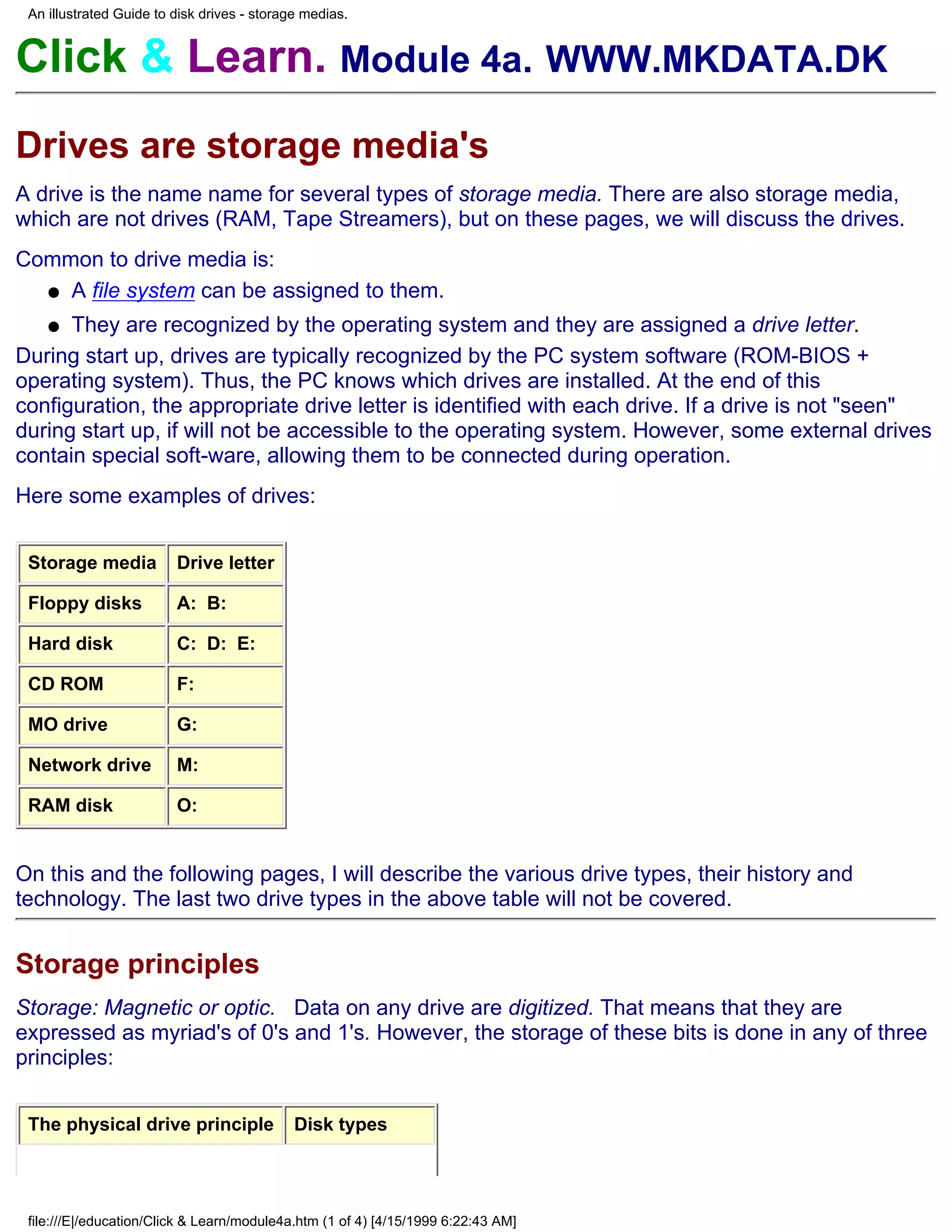 An illustrated Guide to disk drives - storage medias.


Click & Learn. Module 4a. WWW.MKDATA.DK
Drives are storage media's
A drive is the name name for several types of storage media. There are also storage media,
which are not drives (RAM, Tape Streamers), but on these pages, we will discuss the drives.
Common to drive media is:
  q A file system can be assigned to them.

    q They are recognized by the operating system and they are assigned a drive letter.
During start up, drives are typically recognized by the PC system software (ROM-BIOS +
operating system). Thus, the PC knows which drives are installed. At the end of this
configuration, the appropriate drive letter is identified with each drive. If a drive is not "seen"
during start up, if will not be accessible to the operating system. However, some external drives
contain special soft-ware, allowing them to be connected during operation.
Here some examples of drives:


 Storage media           Drive letter

 Floppy disks            A: B:

 Hard disk               C: D: E:

 CD ROM                  F:

 MO drive                G:

 Network drive           M:

 RAM disk                O:


On this and the following pages, I will describe the various drive types, their history and
technology. The last two drive types in the above table will not be covered.


Storage principles
Storage: Magnetic or optic. Data on any drive are digitized. That means that they are
expressed as myriad's of 0's and 1's. However, the storage of these bits is done in any of three
principles:


 The physical drive principle                Disk types




 file:///E|/education/Click & Learn/module4a.htm (1 of 4) [4/15/1999 6:22:43 AM]
 
