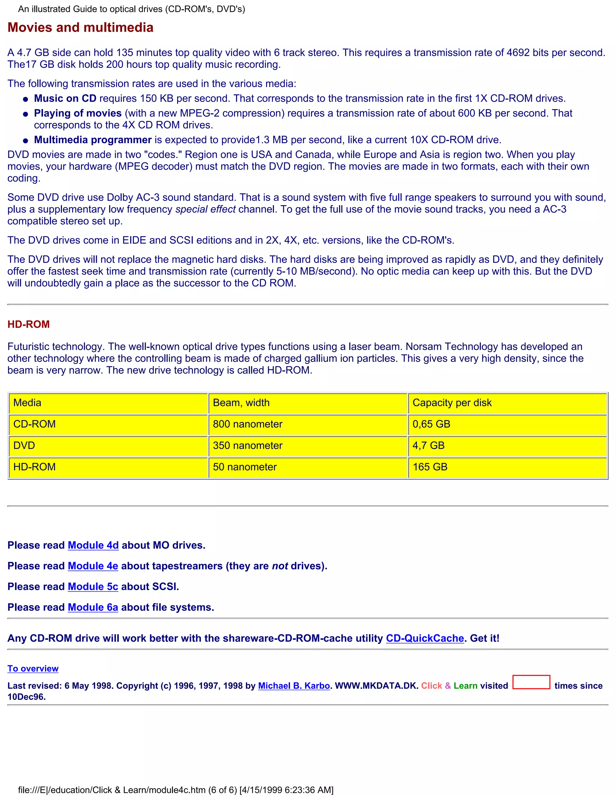 An illustrated Guide to optical drives (CD-ROM's, DVD's)

Movies and multimedia
A 4.7 GB side can hold 135 minutes top quality video with 6 track stereo. This requires a transmission rate of 4692 bits per second.
The17 GB disk holds 200 hours top quality music recording.
The following transmission rates are used in the various media:
   q Music on CD requires 150 KB per second. That corresponds to the transmission rate in the first 1X CD-ROM drives.

   q Playing of movies (with a new MPEG-2 compression) requires a transmission rate of about 600 KB per second. That
      corresponds to the 4X CD ROM drives.
   q Multimedia programmer is expected to provide1.3 MB per second, like a current 10X CD-ROM drive.

DVD movies are made in two "codes." Region one is USA and Canada, while Europe and Asia is region two. When you play
movies, your hardware (MPEG decoder) must match the DVD region. The movies are made in two formats, each with their own
coding.
Some DVD drive use Dolby AC-3 sound standard. That is a sound system with five full range speakers to surround you with sound,
plus a supplementary low frequency special effect channel. To get the full use of the movie sound tracks, you need a AC-3
compatible stereo set up.
The DVD drives come in EIDE and SCSI editions and in 2X, 4X, etc. versions, like the CD-ROM's.
The DVD drives will not replace the magnetic hard disks. The hard disks are being improved as rapidly as DVD, and they definitely
offer the fastest seek time and transmission rate (currently 5-10 MB/second). No optic media can keep up with this. But the DVD
will undoubtedly gain a place as the successor to the CD ROM.



HD-ROM

Futuristic technology. The well-known optical drive types functions using a laser beam. Norsam Technology has developed an
other technology where the controlling beam is made of charged gallium ion particles. This gives a very high density, since the
beam is very narrow. The new drive technology is called HD-ROM.


 Media                                            Beam, width                               Capacity per disk

 CD-ROM                                           800 nanometer                             0,65 GB

 DVD                                              350 nanometer                             4,7 GB

 HD-ROM                                           50 nanometer                              165 GB




Please read Module 4d about MO drives.

Please read Module 4e about tapestreamers (they are not drives).

Please read Module 5c about SCSI.

Please read Module 6a about file systems.


Any CD-ROM drive will work better with the shareware-CD-ROM-cache utility CD-QuickCache. Get it!

To overview
Last revised: 6 May 1998. Copyright (c) 1996, 1997, 1998 by Michael B. Karbo. WWW.MKDATA.DK. Click & Learn visited      times since
10Dec96.




  file:///E|/education/Click & Learn/module4c.htm (6 of 6) [4/15/1999 6:23:36 AM]
 