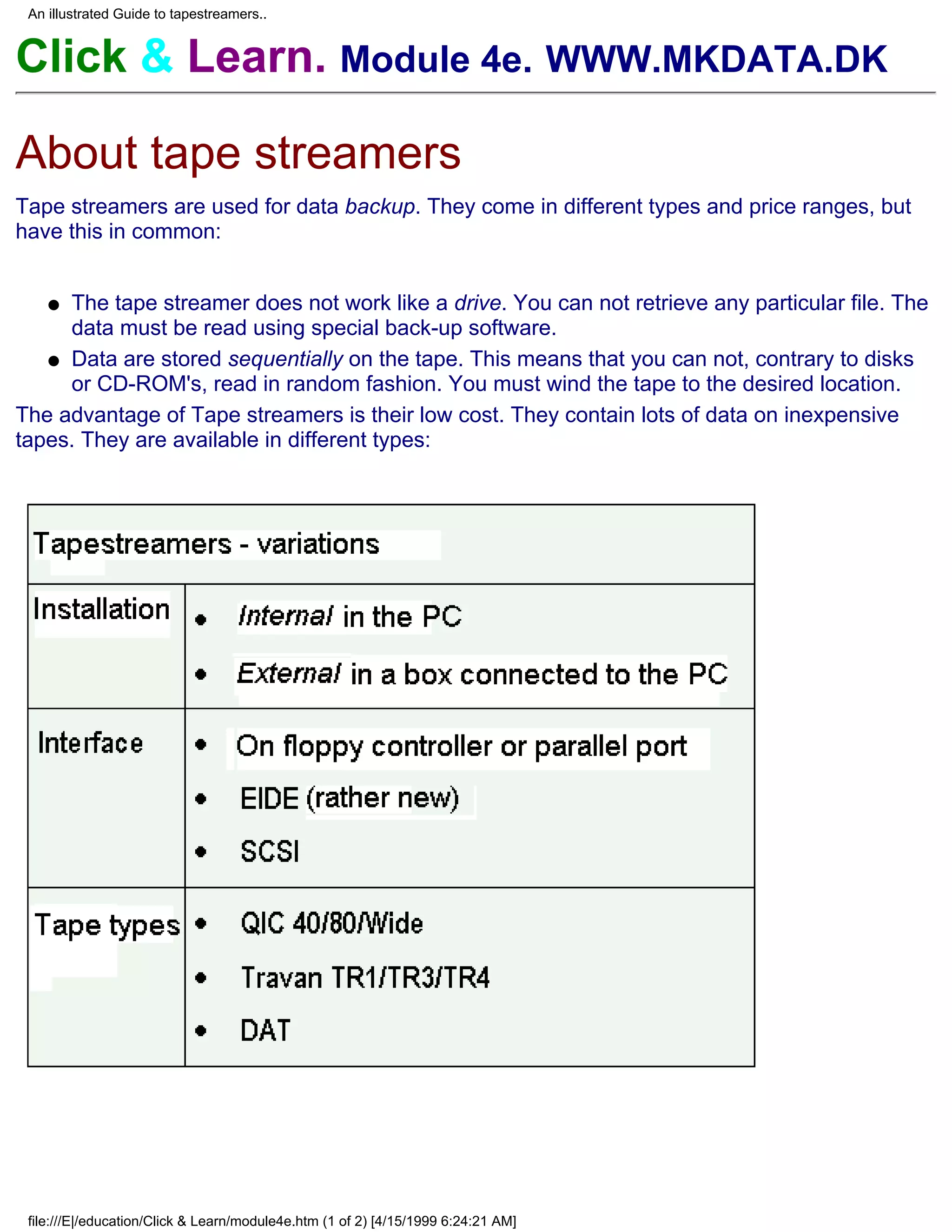 An illustrated Guide to tapestreamers..


Click & Learn. Module 4e. WWW.MKDATA.DK

About tape streamers
Tape streamers are used for data backup. They come in different types and price ranges, but
have this in common:


    qThe tape streamer does not work like a drive. You can not retrieve any particular file. The
     data must be read using special back-up software.
   q Data are stored sequentially on the tape. This means that you can not, contrary to disks
     or CD-ROM's, read in random fashion. You must wind the tape to the desired location.
The advantage of Tape streamers is their low cost. They contain lots of data on inexpensive
tapes. They are available in different types:




 file:///E|/education/Click & Learn/module4e.htm (1 of 2) [4/15/1999 6:24:21 AM]
 