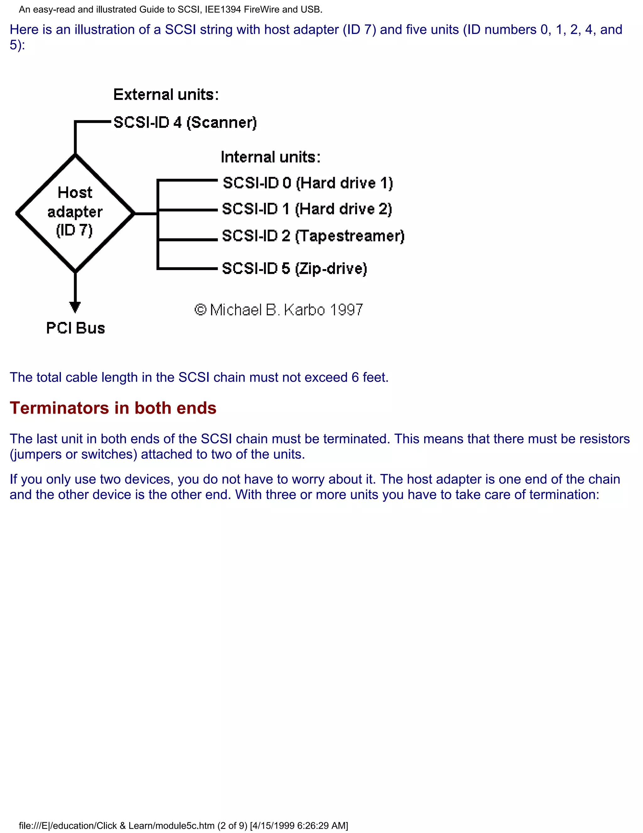 An easy-read and illustrated Guide to SCSI, IEE1394 FireWire and USB.

Here is an illustration of a SCSI string with host adapter (ID 7) and five units (ID numbers 0, 1, 2, 4, and
5):




The total cable length in the SCSI chain must not exceed 6 feet.

Terminators in both ends
The last unit in both ends of the SCSI chain must be terminated. This means that there must be resistors
(jumpers or switches) attached to two of the units.
If you only use two devices, you do not have to worry about it. The host adapter is one end of the chain
and the other device is the other end. With three or more units you have to take care of termination:




 file:///E|/education/Click & Learn/module5c.htm (2 of 9) [4/15/1999 6:26:29 AM]
 
