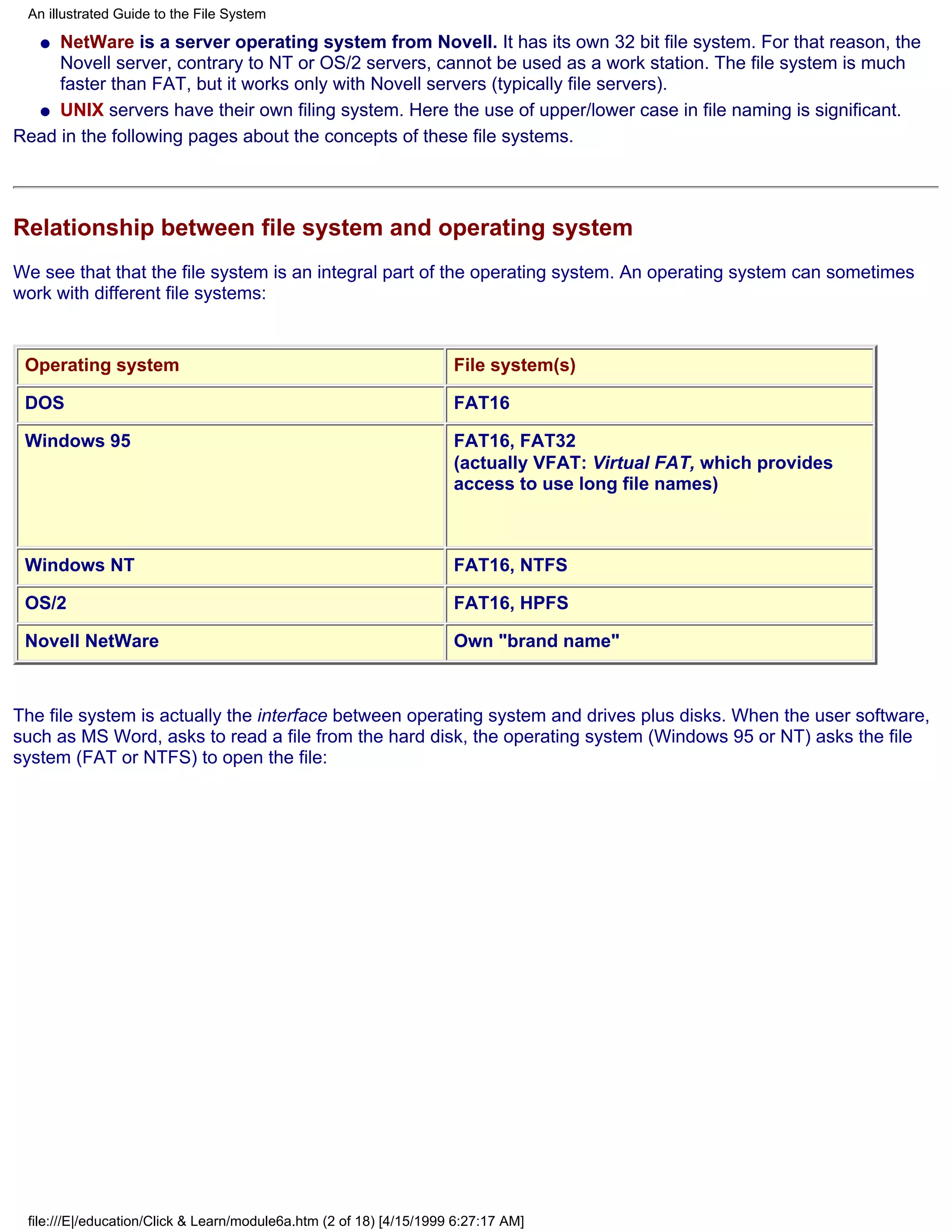 An illustrated Guide to the File System

   q NetWare is a server operating system from Novell. It has its own 32 bit file system. For that reason, the
     Novell server, contrary to NT or OS/2 servers, cannot be used as a work station. The file system is much
     faster than FAT, but it works only with Novell servers (typically file servers).
  q UNIX servers have their own filing system. Here the use of upper/lower case in file naming is significant.

Read in the following pages about the concepts of these file systems.




Relationship between file system and operating system
We see that that the file system is an integral part of the operating system. An operating system can sometimes
work with different file systems:


 Operating system                                                    File system(s)

 DOS                                                                 FAT16

 Windows 95                                                          FAT16, FAT32
                                                                     (actually VFAT: Virtual FAT, which provides
                                                                     access to use long file names)



 Windows NT                                                          FAT16, NTFS

 OS/2                                                                FAT16, HPFS

 Novell NetWare                                                      Own "brand name"



The file system is actually the interface between operating system and drives plus disks. When the user software,
such as MS Word, asks to read a file from the hard disk, the operating system (Windows 95 or NT) asks the file
system (FAT or NTFS) to open the file:




 file:///E|/education/Click & Learn/module6a.htm (2 of 18) [4/15/1999 6:27:17 AM]
 