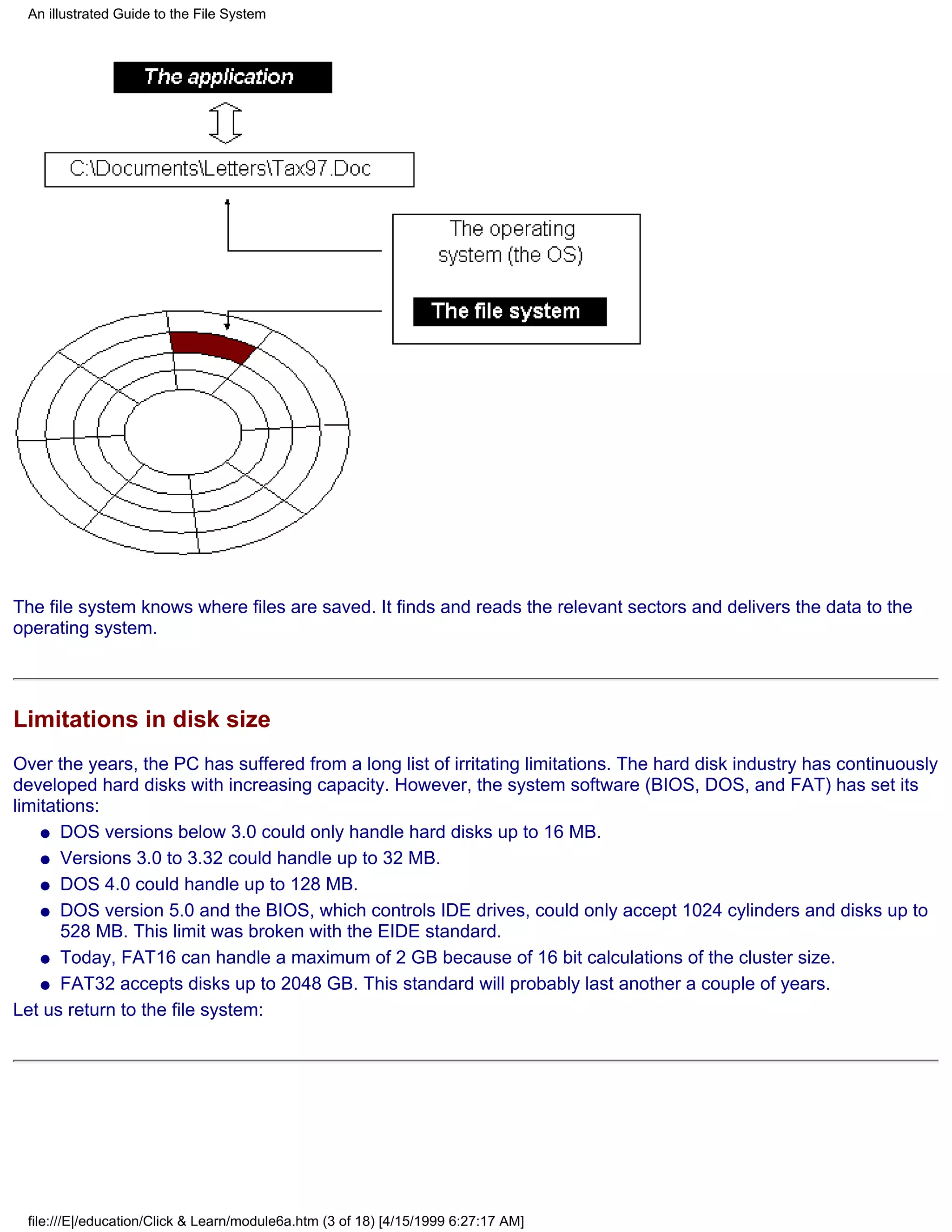 An illustrated Guide to the File System




The file system knows where files are saved. It finds and reads the relevant sectors and delivers the data to the
operating system.




Limitations in disk size
Over the years, the PC has suffered from a long list of irritating limitations. The hard disk industry has continuously
developed hard disks with increasing capacity. However, the system software (BIOS, DOS, and FAT) has set its
limitations:
    q DOS versions below 3.0 could only handle hard disks up to 16 MB.

    q Versions 3.0 to 3.32 could handle up to 32 MB.

    q DOS 4.0 could handle up to 128 MB.

    q DOS version 5.0 and the BIOS, which controls IDE drives, could only accept 1024 cylinders and disks up to
       528 MB. This limit was broken with the EIDE standard.
    q Today, FAT16 can handle a maximum of 2 GB because of 16 bit calculations of the cluster size.

    q FAT32 accepts disks up to 2048 GB. This standard will probably last another a couple of years.

Let us return to the file system:




 file:///E|/education/Click & Learn/module6a.htm (3 of 18) [4/15/1999 6:27:17 AM]
 