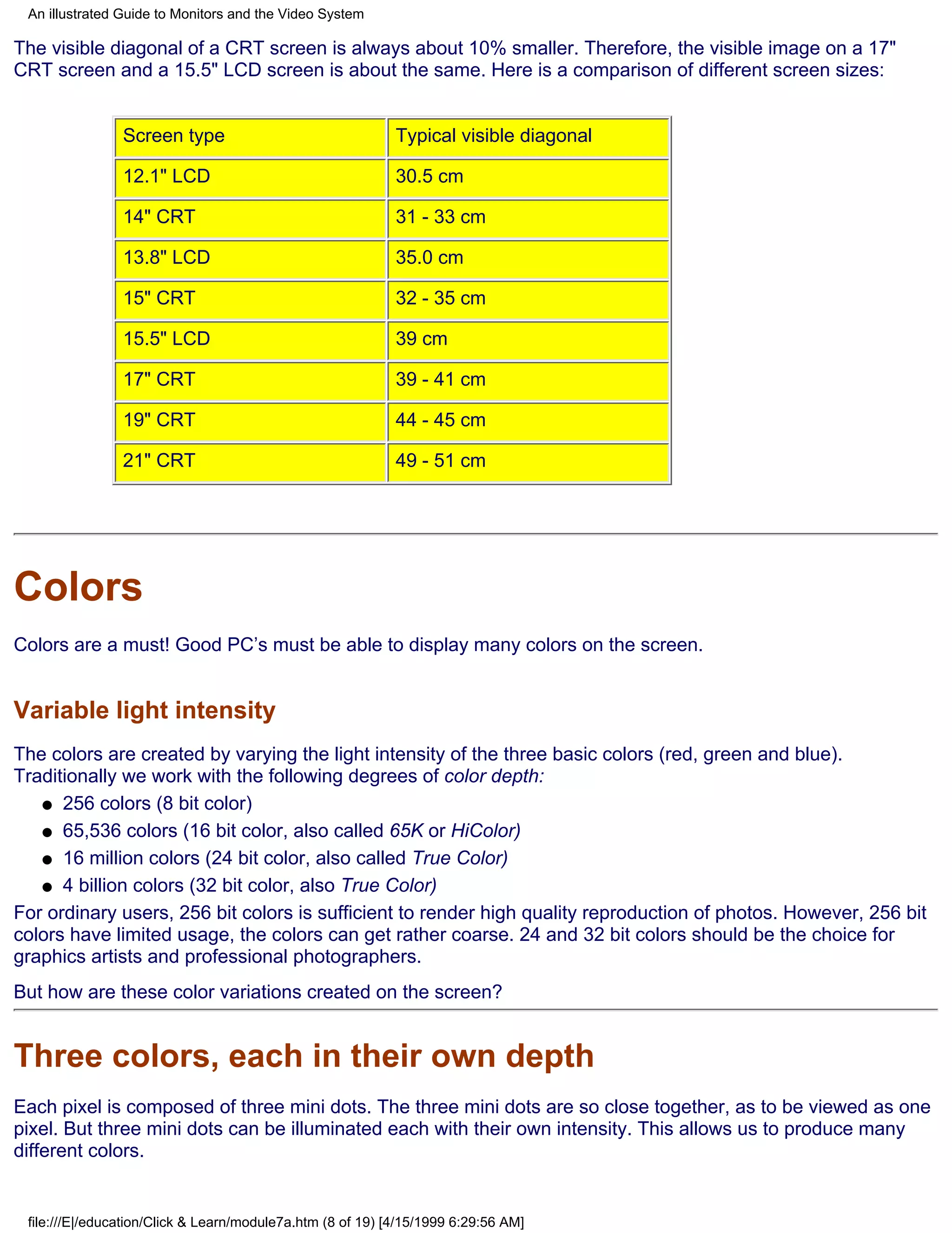 An illustrated Guide to Monitors and the Video System

The visible diagonal of a CRT screen is always about 10% smaller. Therefore, the visible image on a 17"
CRT screen and a 15.5" LCD screen is about the same. Here is a comparison of different screen sizes:


                Screen type                                 Typical visible diagonal

                12.1" LCD                                   30.5 cm

                14" CRT                                     31 - 33 cm

                13.8" LCD                                   35.0 cm

                15" CRT                                     32 - 35 cm

                15.5" LCD                                   39 cm

                17" CRT                                     39 - 41 cm

                19" CRT                                     44 - 45 cm

                21" CRT                                     49 - 51 cm




Colors
Colors are a must! Good PC’s must be able to display many colors on the screen.


Variable light intensity
The colors are created by varying the light intensity of the three basic colors (red, green and blue).
Traditionally we work with the following degrees of color depth:
   q 256 colors (8 bit color)

   q 65,536 colors (16 bit color, also called 65K or HiColor)

   q 16 million colors (24 bit color, also called True Color)

   q 4 billion colors (32 bit color, also True Color)

For ordinary users, 256 bit colors is sufficient to render high quality reproduction of photos. However, 256 bit
colors have limited usage, the colors can get rather coarse. 24 and 32 bit colors should be the choice for
graphics artists and professional photographers.
But how are these color variations created on the screen?


Three colors, each in their own depth
Each pixel is composed of three mini dots. The three mini dots are so close together, as to be viewed as one
pixel. But three mini dots can be illuminated each with their own intensity. This allows us to produce many
different colors.


 file:///E|/education/Click & Learn/module7a.htm (8 of 19) [4/15/1999 6:29:56 AM]
 