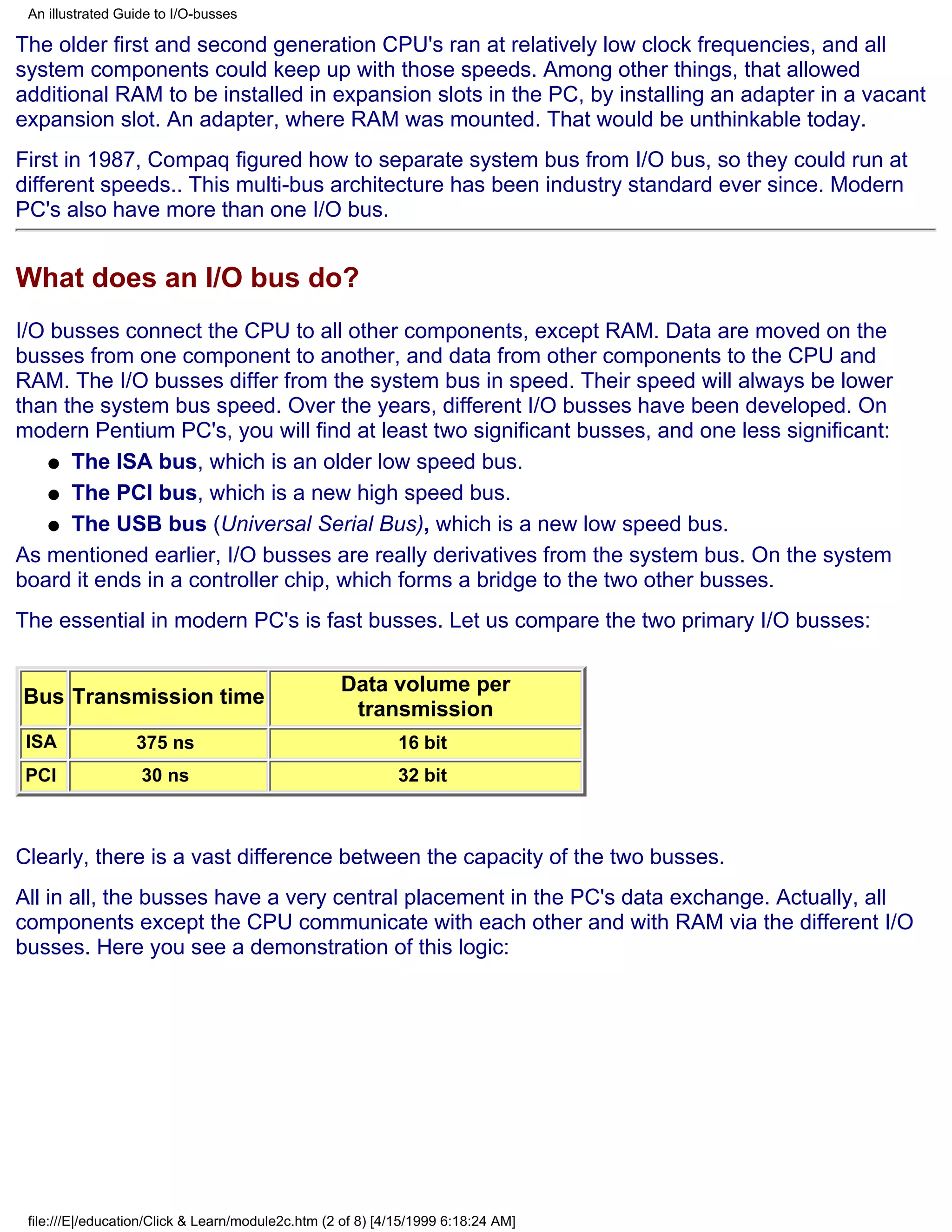 An illustrated Guide to I/O-busses

The older first and second generation CPU's ran at relatively low clock frequencies, and all
system components could keep up with those speeds. Among other things, that allowed
additional RAM to be installed in expansion slots in the PC, by installing an adapter in a vacant
expansion slot. An adapter, where RAM was mounted. That would be unthinkable today.
First in 1987, Compaq figured how to separate system bus from I/O bus, so they could run at
different speeds.. This multi-bus architecture has been industry standard ever since. Modern
PC's also have more than one I/O bus.


What does an I/O bus do?
I/O busses connect the CPU to all other components, except RAM. Data are moved on the
busses from one component to another, and data from other components to the CPU and
RAM. The I/O busses differ from the system bus in speed. Their speed will always be lower
than the system bus speed. Over the years, different I/O busses have been developed. On
modern Pentium PC's, you will find at least two significant busses, and one less significant:
    q The ISA bus, which is an older low speed bus.

    q The PCI bus, which is a new high speed bus.

    q The USB bus (Universal Serial Bus), which is a new low speed bus.

As mentioned earlier, I/O busses are really derivatives from the system bus. On the system
board it ends in a controller chip, which forms a bridge to the two other busses.
The essential in modern PC's is fast busses. Let us compare the two primary I/O busses:

                                                   Data volume per
Bus Transmission time
                                                    transmission
 ISA              375 ns                                    16 bit
 PCI               30 ns                                    32 bit



Clearly, there is a vast difference between the capacity of the two busses.
All in all, the busses have a very central placement in the PC's data exchange. Actually, all
components except the CPU communicate with each other and with RAM via the different I/O
busses. Here you see a demonstration of this logic:




 file:///E|/education/Click & Learn/module2c.htm (2 of 8) [4/15/1999 6:18:24 AM]
 