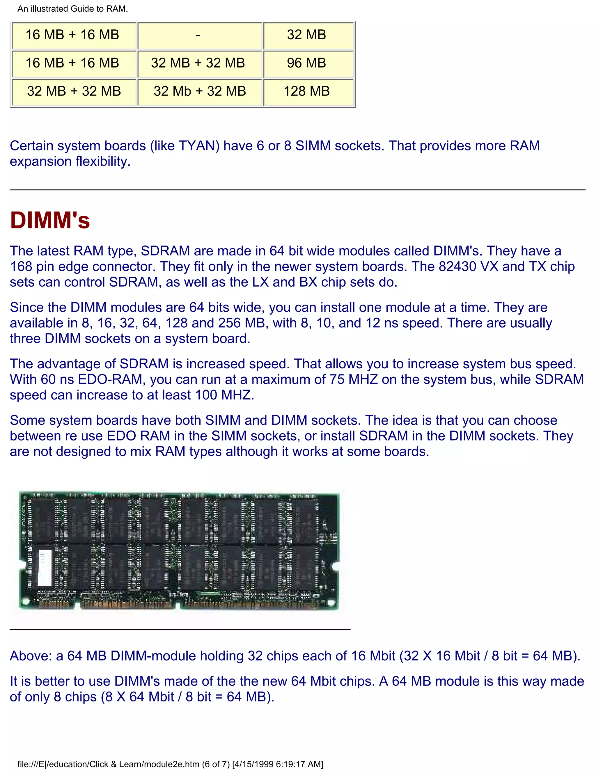 An illustrated Guide to RAM.


  16 MB + 16 MB                                -                      32 MB

  16 MB + 16 MB                    32 MB + 32 MB                      96 MB

   32 MB + 32 MB                    32 Mb + 32 MB                    128 MB


Certain system boards (like TYAN) have 6 or 8 SIMM sockets. That provides more RAM
expansion flexibility.



DIMM's
The latest RAM type, SDRAM are made in 64 bit wide modules called DIMM's. They have a
168 pin edge connector. They fit only in the newer system boards. The 82430 VX and TX chip
sets can control SDRAM, as well as the LX and BX chip sets do.
Since the DIMM modules are 64 bits wide, you can install one module at a time. They are
available in 8, 16, 32, 64, 128 and 256 MB, with 8, 10, and 12 ns speed. There are usually
three DIMM sockets on a system board.
The advantage of SDRAM is increased speed. That allows you to increase system bus speed.
With 60 ns EDO-RAM, you can run at a maximum of 75 MHZ on the system bus, while SDRAM
speed can increase to at least 100 MHZ.
Some system boards have both SIMM and DIMM sockets. The idea is that you can choose
between re use EDO RAM in the SIMM sockets, or install SDRAM in the DIMM sockets. They
are not designed to mix RAM types although it works at some boards.




Above: a 64 MB DIMM-module holding 32 chips each of 16 Mbit (32 X 16 Mbit / 8 bit = 64 MB).
It is better to use DIMM's made of the the new 64 Mbit chips. A 64 MB module is this way made
of only 8 chips (8 X 64 Mbit / 8 bit = 64 MB).



 file:///E|/education/Click & Learn/module2e.htm (6 of 7) [4/15/1999 6:19:17 AM]
 