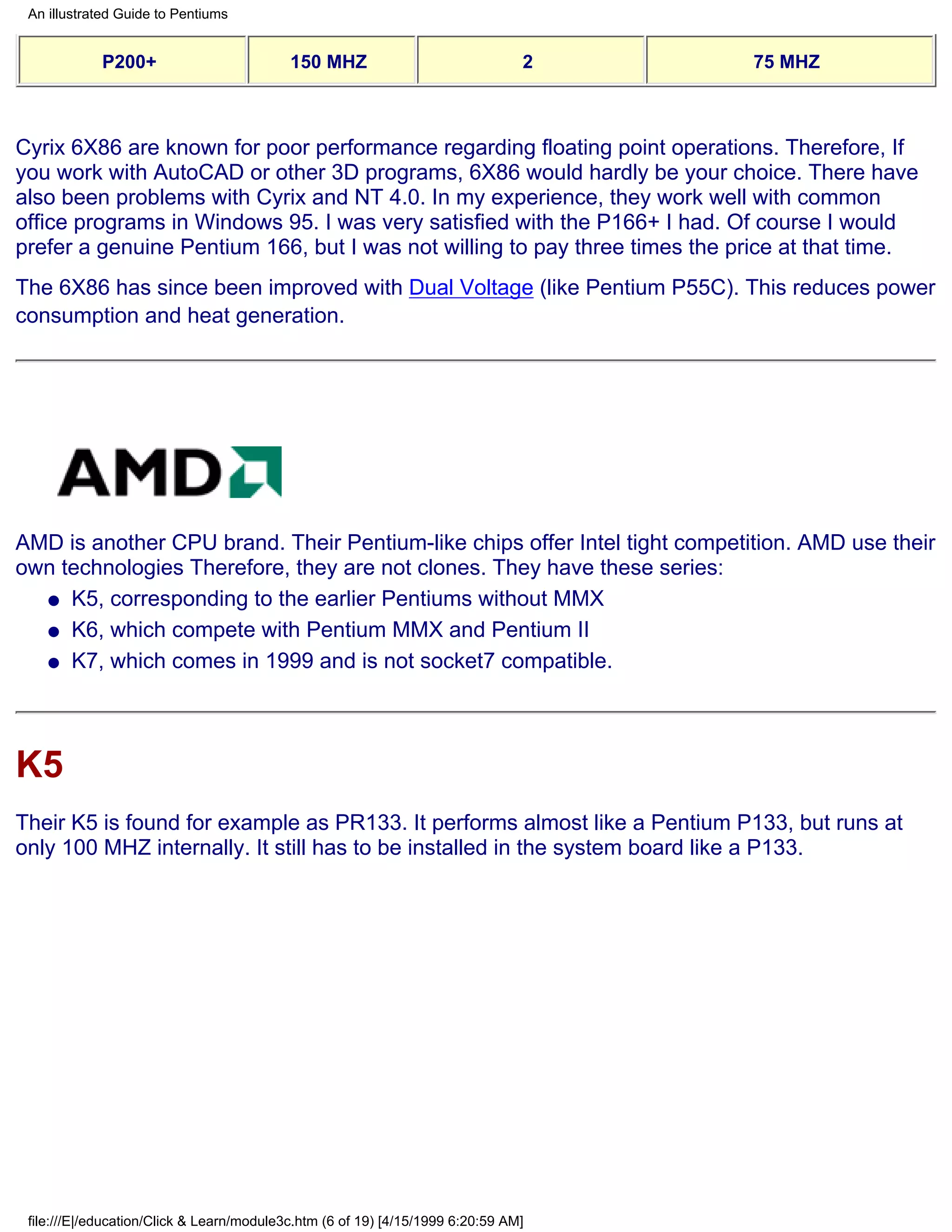 An illustrated Guide to Pentiums


            P200+                          150 MHZ                              2   75 MHZ



Cyrix 6X86 are known for poor performance regarding floating point operations. Therefore, If
you work with AutoCAD or other 3D programs, 6X86 would hardly be your choice. There have
also been problems with Cyrix and NT 4.0. In my experience, they work well with common
office programs in Windows 95. I was very satisfied with the P166+ I had. Of course I would
prefer a genuine Pentium 166, but I was not willing to pay three times the price at that time.
The 6X86 has since been improved with Dual Voltage (like Pentium P55C). This reduces power
consumption and heat generation.




AMD is another CPU brand. Their Pentium-like chips offer Intel tight competition. AMD use their
own technologies Therefore, they are not clones. They have these series:
  q K5, corresponding to the earlier Pentiums without MMX

  q K6, which compete with Pentium MMX and Pentium II

  q K7, which comes in 1999 and is not socket7 compatible.




K5
Their K5 is found for example as PR133. It performs almost like a Pentium P133, but runs at
only 100 MHZ internally. It still has to be installed in the system board like a P133.




 file:///E|/education/Click & Learn/module3c.htm (6 of 19) [4/15/1999 6:20:59 AM]
 