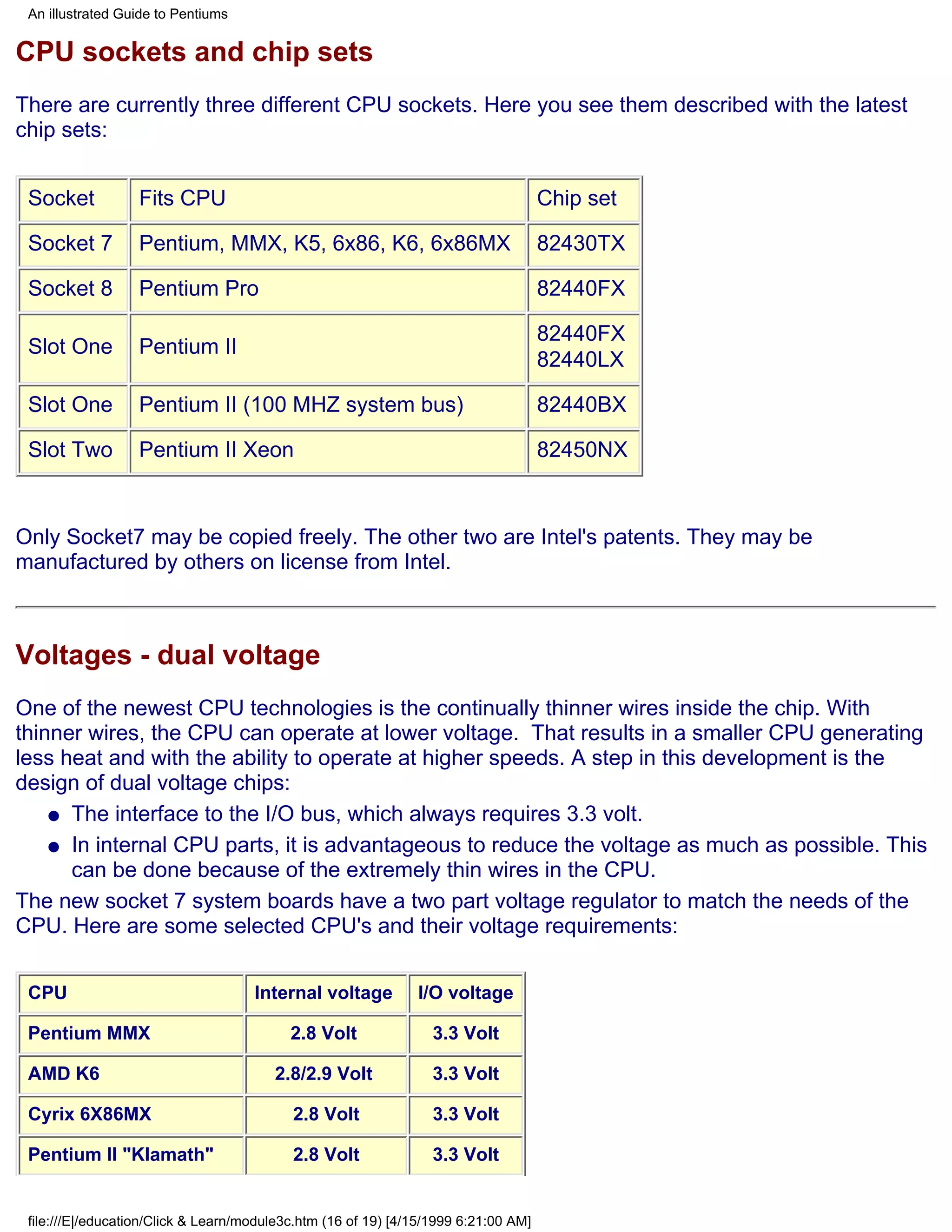An illustrated Guide to Pentiums


CPU sockets and chip sets
There are currently three different CPU sockets. Here you see them described with the latest
chip sets:


 Socket           Fits CPU                                                           Chip set

 Socket 7         Pentium, MMX, K5, 6x86, K6, 6x86MX                                 82430TX

 Socket 8         Pentium Pro                                                        82440FX

                                                                                     82440FX
 Slot One         Pentium II
                                                                                     82440LX

 Slot One         Pentium II (100 MHZ system bus)                                    82440BX

 Slot Two         Pentium II Xeon                                                    82450NX


Only Socket7 may be copied freely. The other two are Intel's patents. They may be
manufactured by others on license from Intel.



Voltages - dual voltage
One of the newest CPU technologies is the continually thinner wires inside the chip. With
thinner wires, the CPU can operate at lower voltage. That results in a smaller CPU generating
less heat and with the ability to operate at higher speeds. A step in this development is the
design of dual voltage chips:
    q The interface to the I/O bus, which always requires 3.3 volt.

    q In internal CPU parts, it is advantageous to reduce the voltage as much as possible. This
      can be done because of the extremely thin wires in the CPU.
The new socket 7 system boards have a two part voltage regulator to match the needs of the
CPU. Here are some selected CPU's and their voltage requirements:


 CPU                                 Internal voltage          I/O voltage

 Pentium MMX                               2.8 Volt               3.3 Volt

 AMD K6                                 2.8/2.9 Volt              3.3 Volt

 Cyrix 6X86MX                              2.8 Volt               3.3 Volt

 Pentium II "Klamath"                      2.8 Volt               3.3 Volt


 file:///E|/education/Click & Learn/module3c.htm (16 of 19) [4/15/1999 6:21:00 AM]
 