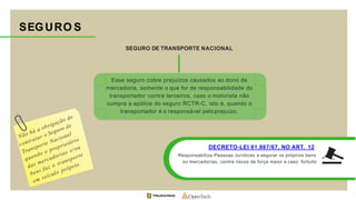 SEGURO DE TRANSPORTE NACIONAL
Esse seguro cobre prejuízos causados ao dono da
mercadoria, somente o que for de responsabilidade do
transportador contra terceiros, caso o motorista não
cumpra a apólice do seguro RCTR-C, isto é, quando o
transportador é o responsável peloprejuízo.
SEGURO S
DECRETO-LEI 61.867/67, NO ART. 12
Responsabiliza Pessoas Jurídicas a segurar os próprios bens
ou mercadorias, contra riscos de força maior e caso fortuito
 