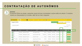 Acesso
É possível filtrar as cargas, pesquisar quais já foram contratadas e quais estão em aberto. O sistema
mostra os interessados e o contato, além de um chat integrado.
C O N T R A T A Ç Ã O D E A U T O N Ô M O S
 