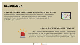 SEGURAN ÇA
COMO FUNCIONAM EMPRESAS DE GERENCIAMENTO DE RISCO?
Usam tecnologias como rastreadores instalados nos caminhões e monitoramento
remoto por computadores. Fazem o acompanhamento todo do trajeto e sabem
detalhes da viagem como velocidade, rota, tempo e locais de parada do
motoristas, por exemplo.
COMO O MOTORISTA PODE SE PREVENIR?
Caso o motorista saia da normalidade prevista conforme a Autorização de
Embarque (desvio de rota, parada em local não autorizado e outros), a central de
rastreamento trata a situação como algo suspeito. Isto é, procura ações para
prevenir um possível roubo acionando sirene, mensagem no teclado e ligação.
 