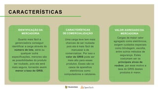 CARACTERÍSTICAS
DE COMERCIALIZAÇÃO
Uma carga leve tem mais
chances de ser roubada
pois ela é mais fácil de
manusear e de
comercializar. Por isso o
valor do GRIS pode ser
mais alto para esses
produtos. Esses são os
casos de aparelhos
eletrônicos como
computadores e celulares.
IDENTIFICAÇÃO DA
MERCADORIA
Quanto mais fácil a
gerenciadora conseguir
identificar a carga através do
número de lote, série ou
qualquer outra
especificações, menores são
as possibilidades do produto
ser roubado, pois ela será
mais segura, tornando assim
menor a taxa do GRIS.
VALOR AGREGADO DA
MERCADORIA
Cargas de maior valor
agregado como eletrônicos,
exigem cuidados especiais
como blindagem, escolta,
entre outros métodos de
segurança. Estes
costumam ser os
principais alvos de
roubos, por esse motivo a
taxa do GRIS destes
produtos é maior.
CARACTERÍSTICAS
 