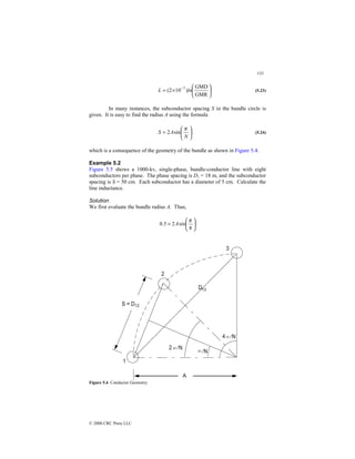 133
© 2000 CRC Press LLC






×
= −
GMR
GMD
)
10
2
( 7
ln
L (5.23)
In many instances, the subconductor spacing S in the bundle circle is
given. It is easy to find the radius A using the formula






=
N
A
S
π
sin
2 (5.24)
which is a consequence of the geometry of the bundle as shown in Figure 5.4.
Example 5.2
Figure 5.5 shows a 1000-kv, single-phase, bundle-conductor line with eight
subconductors per phase. The phase spacing is D1 = 18 m, and the subconductor
spacing is S = 50 cm. Each subconductor has a diameter of 5 cm. Calculate the
line inductance.
Solution
We first evaluate the bundle radius A. Thus,






=
8
sin
2
5
.
0
π
A
Figure 5.4 Conductor Geometry.
 