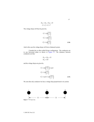 137
© 2000 CRC Press LLC
r
r
r
r
D
D
D
D
′
=
′
=
′
=
′
=
=
=
3
2
1
23
13
12
The voltage drops will thus be given by






′
=
′






′
=
′
r
D
ln
I
V
r
D
ln
I
V
2
2
1
1






′
=
′
r
D
ln
I
V 3
3 (5.28)
And in this case the voltage drops will form a balanced system.
Consider the so often called H-type configuration. The conductors are
in one horizontal plane as shown in Figure 5.7. The distances between
conductors are thus
D
D
D
D
D
2
13
23
12
=
=
=
and the voltage drops are given by






′
=
′
+






′
=
′
r
D
ln
I
V
ln
I
r
D
ln
I
V
2
2
2
1
1 2
2






′
+
=
′
r
D
ln
I
ln
I
V
2
2 3
2
3 (5.29)
We note that only conductor two has a voltage drop proportional to its current.
Figure 5.7 H-Type Line.
 