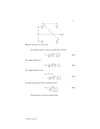 151
© 2000 CRC Press LLC
Figure 5.16 Single-Phase Line and Its Image.
The voltage of phase A is given according to Eq. (5.64) by








⋅
=
′
B
A
A
H
D
r
H
ln
q
V
0
2πε
(5.65)
The voltage of phase B is






⋅
= ′
H
r
D
H
ln
q
V B
A
B
0
2πε
(5.66)
The voltage difference is thus








⋅
=
−
=
′
B
A
B
A
AB
H
D
r
H
ln
q
V
V
V
0
2πε
(5.67)
The capacitance between the two conductors is thus








⋅
=
′
B
A
AB
H
H
r
D
ln
C 0
πε
(5.68)
The capacitance to neutral is obtained using
 