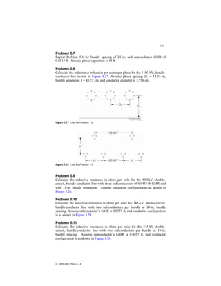 180
© 2000 CRC Press LLC
Problem 5.7
Repeat Problem 5.6 for bundle spacing of 24 in. and subconductor GMR of
0.0515 ft. Assume phase separation is 45 ft.
Problem 5.8
Calculate the inductance in henries per meter per phase for the 1100-kV, bundle-
conductor line shown in Figure 5.27. Assume phase spacing D1 = 15.24 m,
bundle separation S = 45.72 cm, and conductor diameter is 3.556 cm.
Figure 5.27 Line for Problem 5.8.
Figure 5.28 Line for Problem 5.9.
Problem 5.9
Calculate the inductive reactance in ohms per mile for the 500-kV, double-
circuit, bundle-conductor line with three subconductors of 0.0431-ft GMR and
with 18-in. bundle separation. Assume conductor configurations as shown in
Figure 5.28.
Problem 5.10
Calculate the inductive reactance in ohms per mile for 345-kV, double-circuit,
bundle-conductor line with two subconductors per bundle at 18-in. bundle
spacing. Assume subconductor’s GMR is 0.0373 ft, and conductor configuration
is as shown in Figure 5.29.
Problem 5.11
Calculate the inductive reactance in ohms per mile for the 345-kV double-
circuit, bundle-conductor line with two subconductors per bundle at 18-in.
bundle spacing. Assume subconductor’s GMR is 0.0497 ft, and conductor
configuration is as shown in Figure 5.30.
 